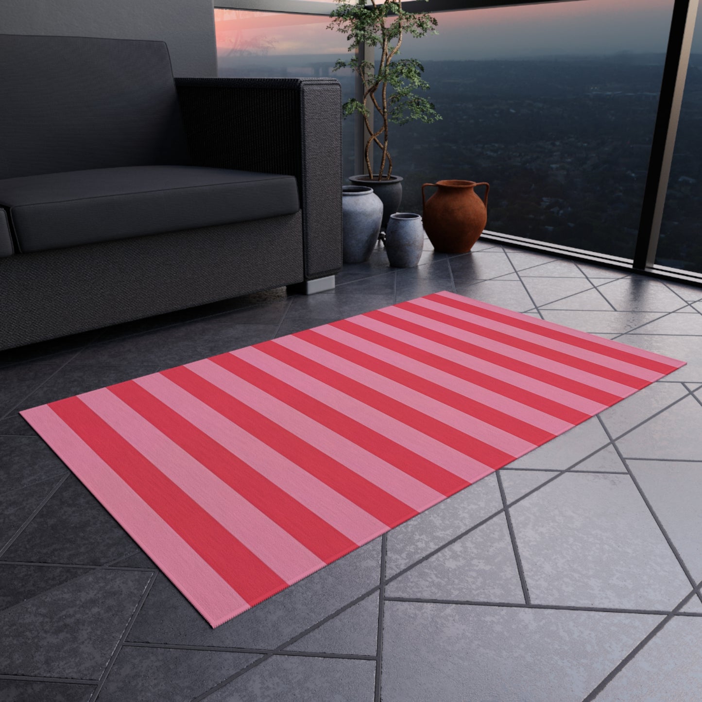 Light Pink and Watermelon Pink Stripe Outdoor Rug | Patio Mat, Water-Resistant Porch Rug