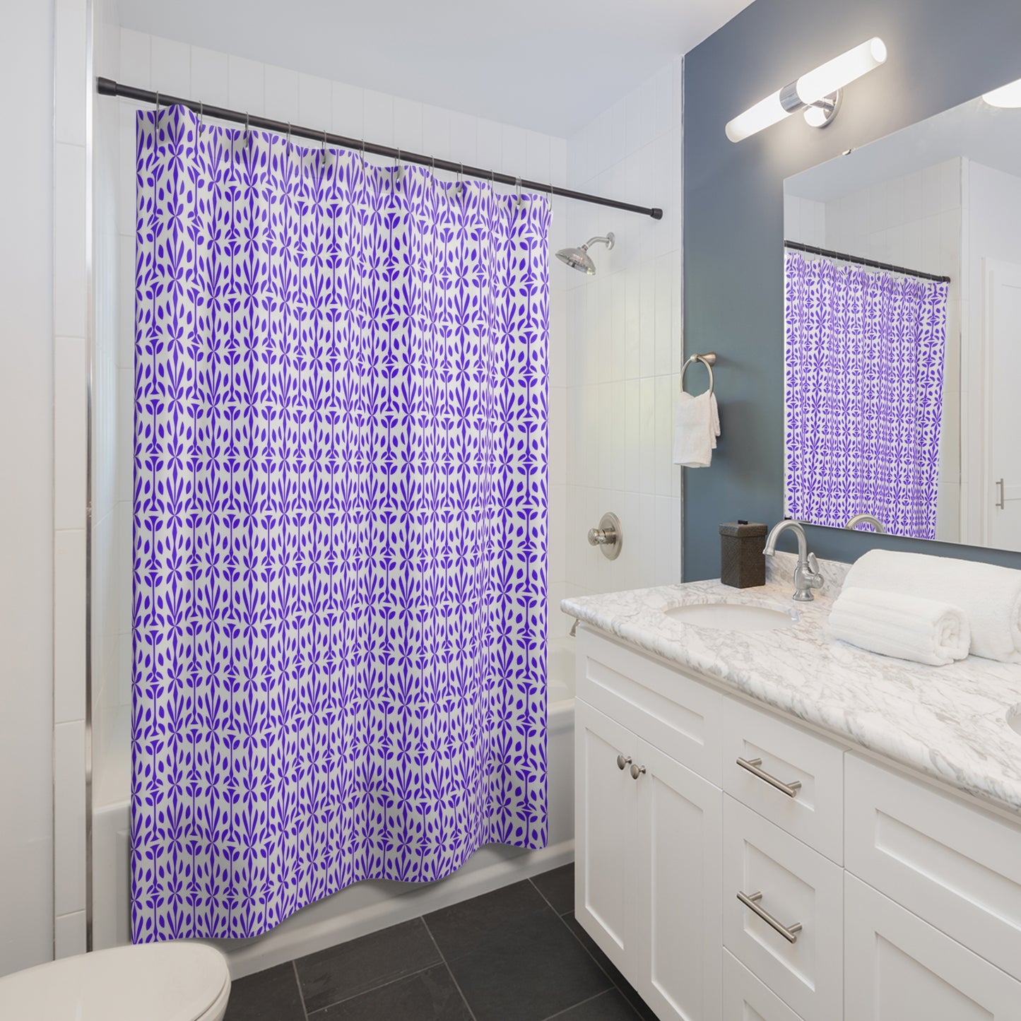 Purple Floral Pattern Shower Curtain | Geometric Repeat Pattern, Fresh Home Decor