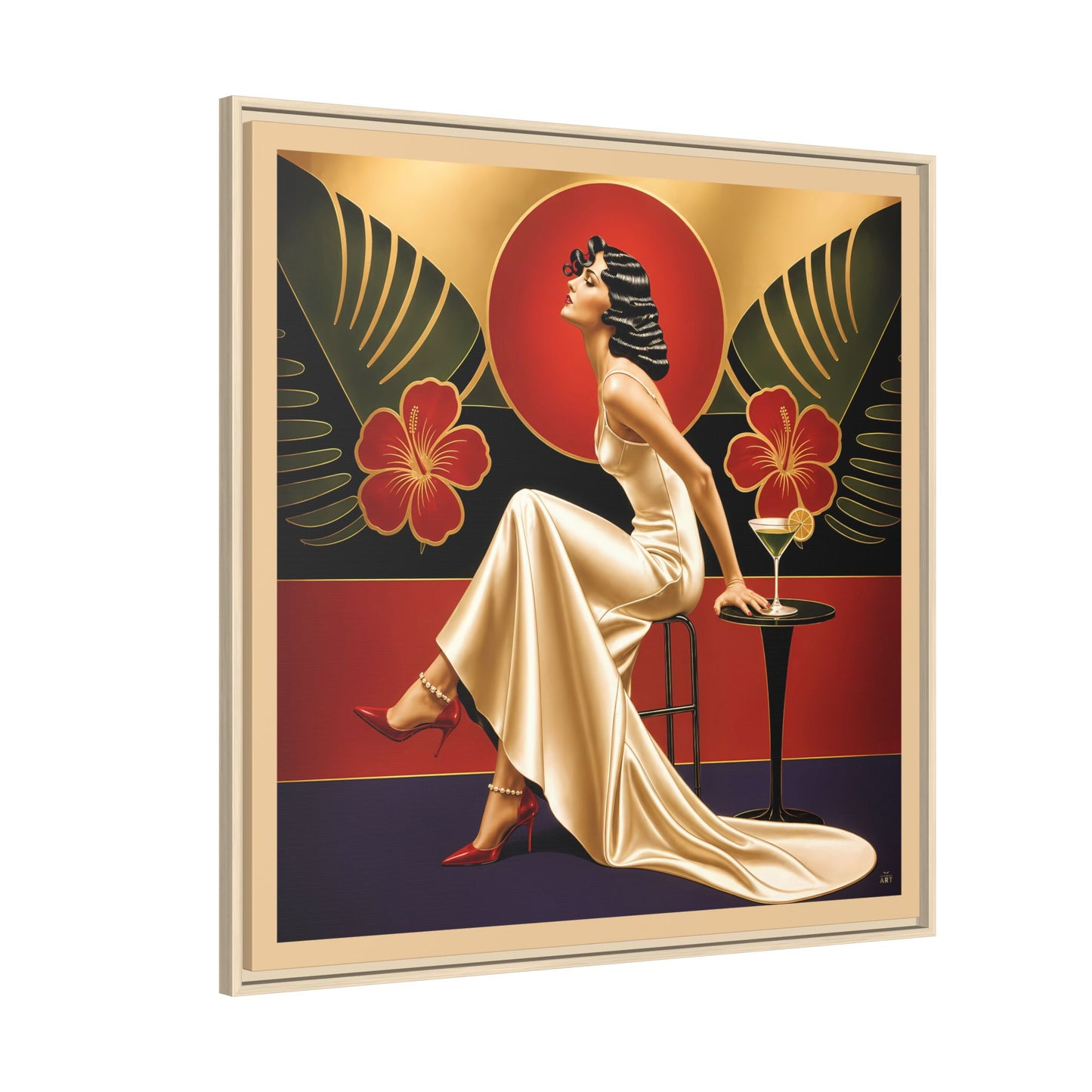 Art Deco Lady Red Green Beige Tropical Canvas Framed Wall Art | Matte Print