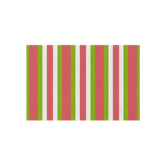 Striped Medium Pink Green White Outdoor/Indoor Rug | Patio Deck Mat