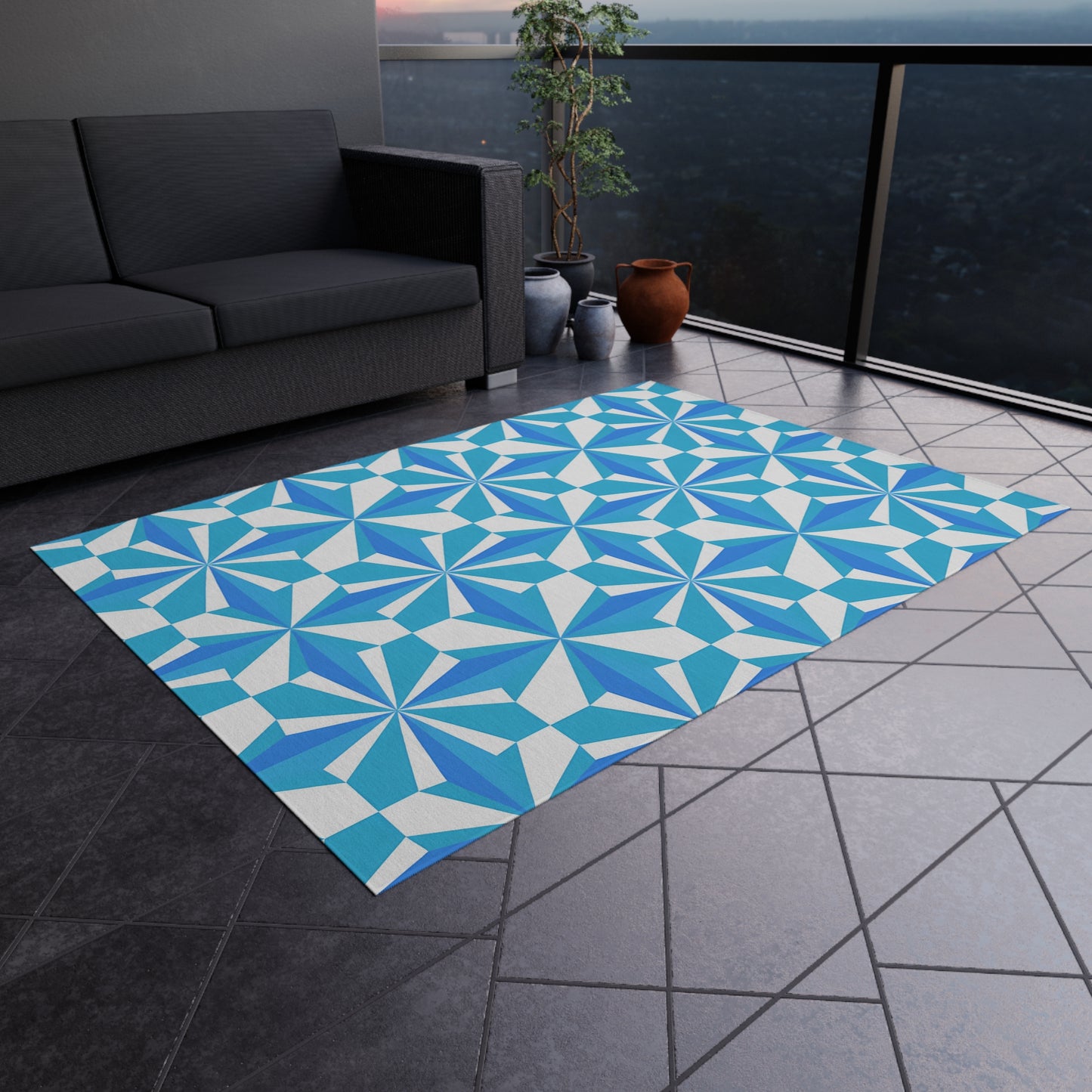 Blue White Geometric Pinwheel Pattern Outdoor/Indoor Rug | Patio Mat