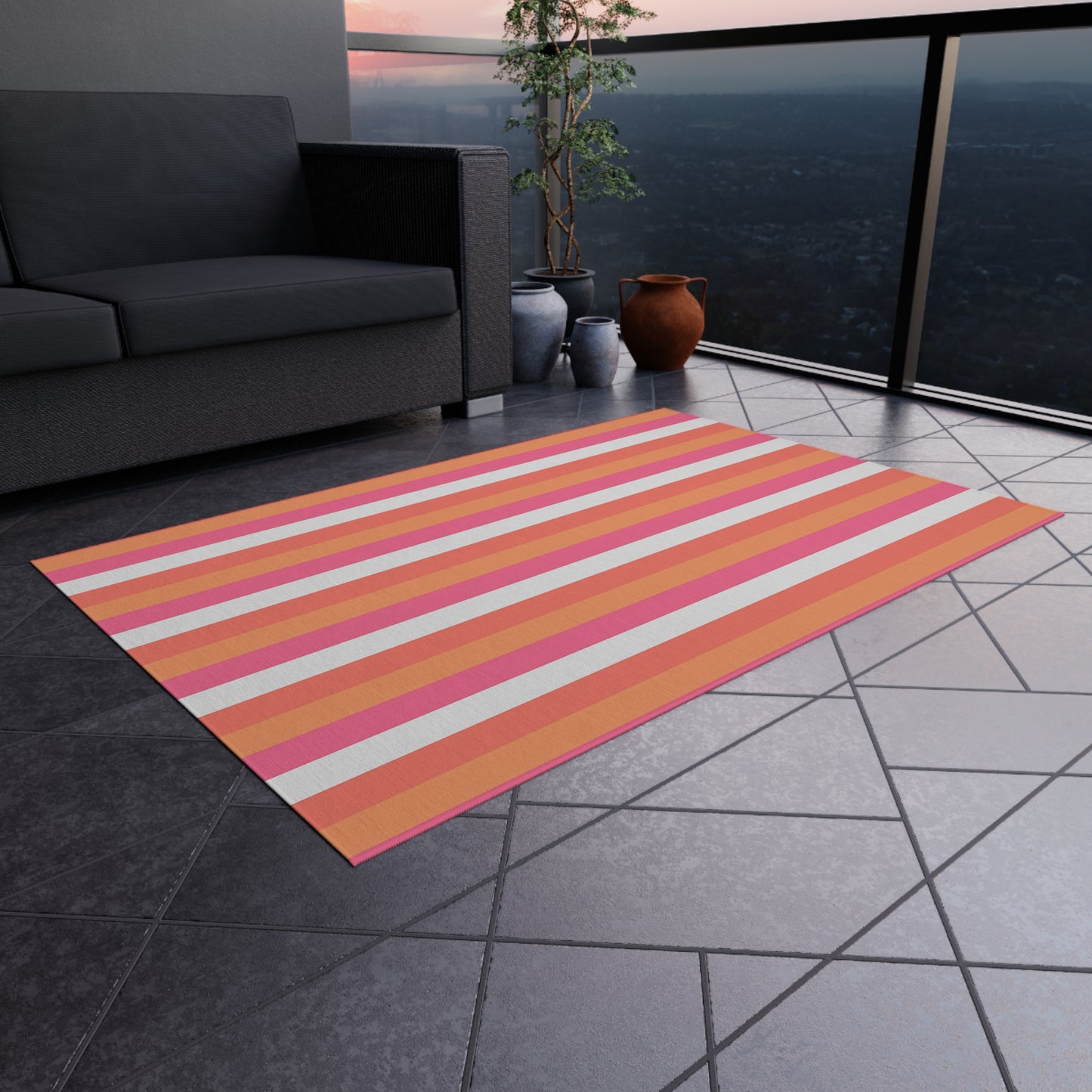 Coral Pink Striped Outdoor Rug | Patio Mat, Water-Resistant