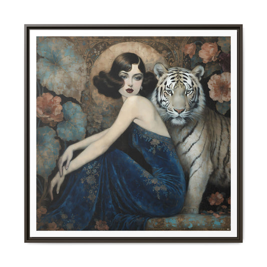 Vintage Art Deco Glam Woman with White Tiger Matte Canvas Framed Wall Art