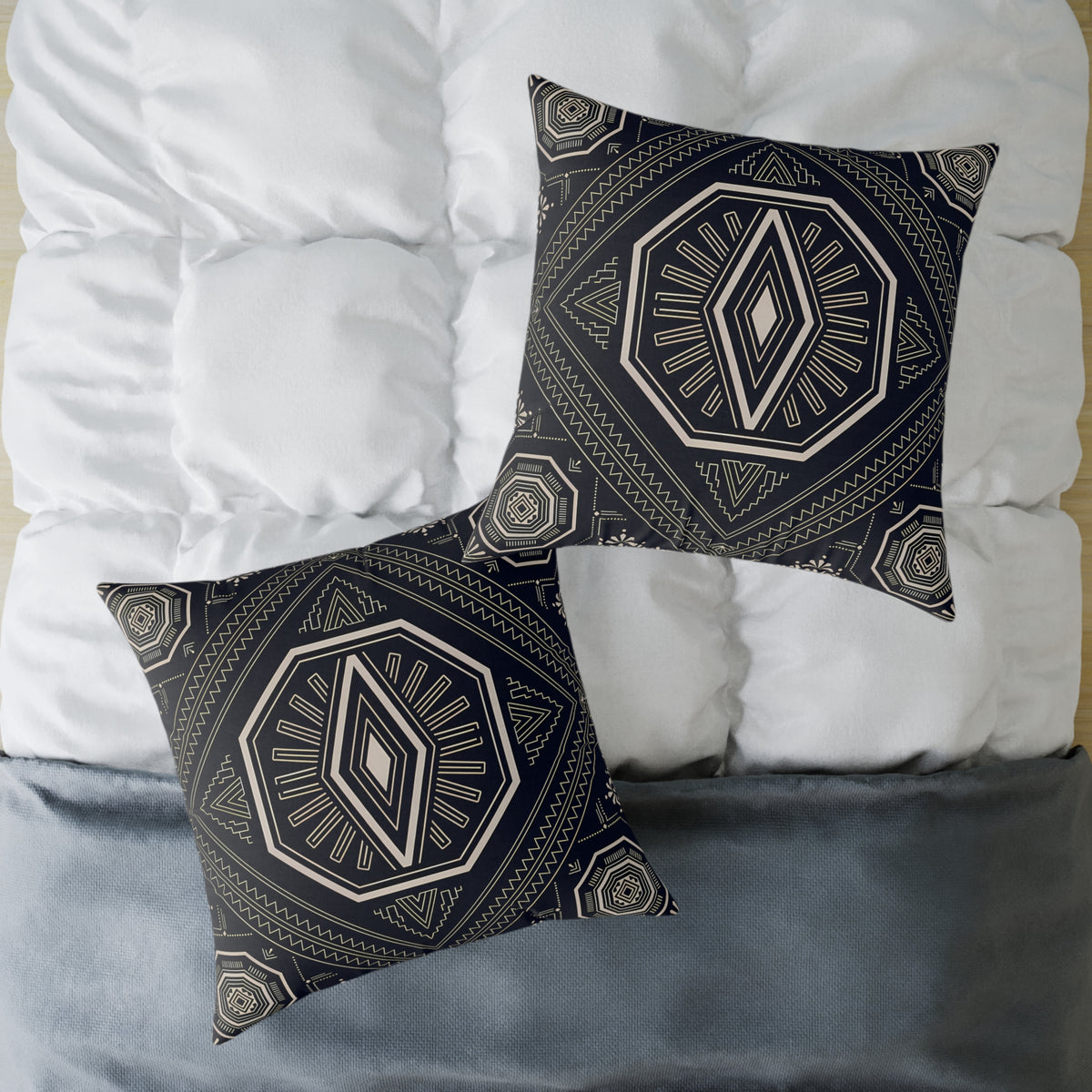 Geometric Black & Cream Tribal Medallion Square Pillow | Boho Aztec Pattern
