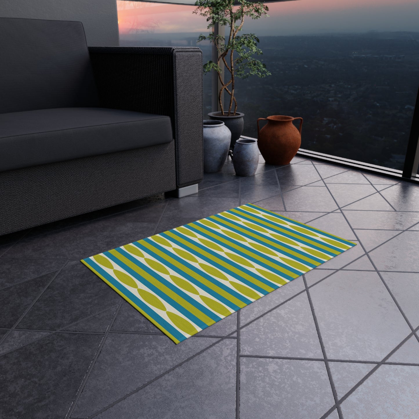 Midcentury Leaf Stripe Outdoor Rug | Patio Mat, Green Blue Linear Pattern