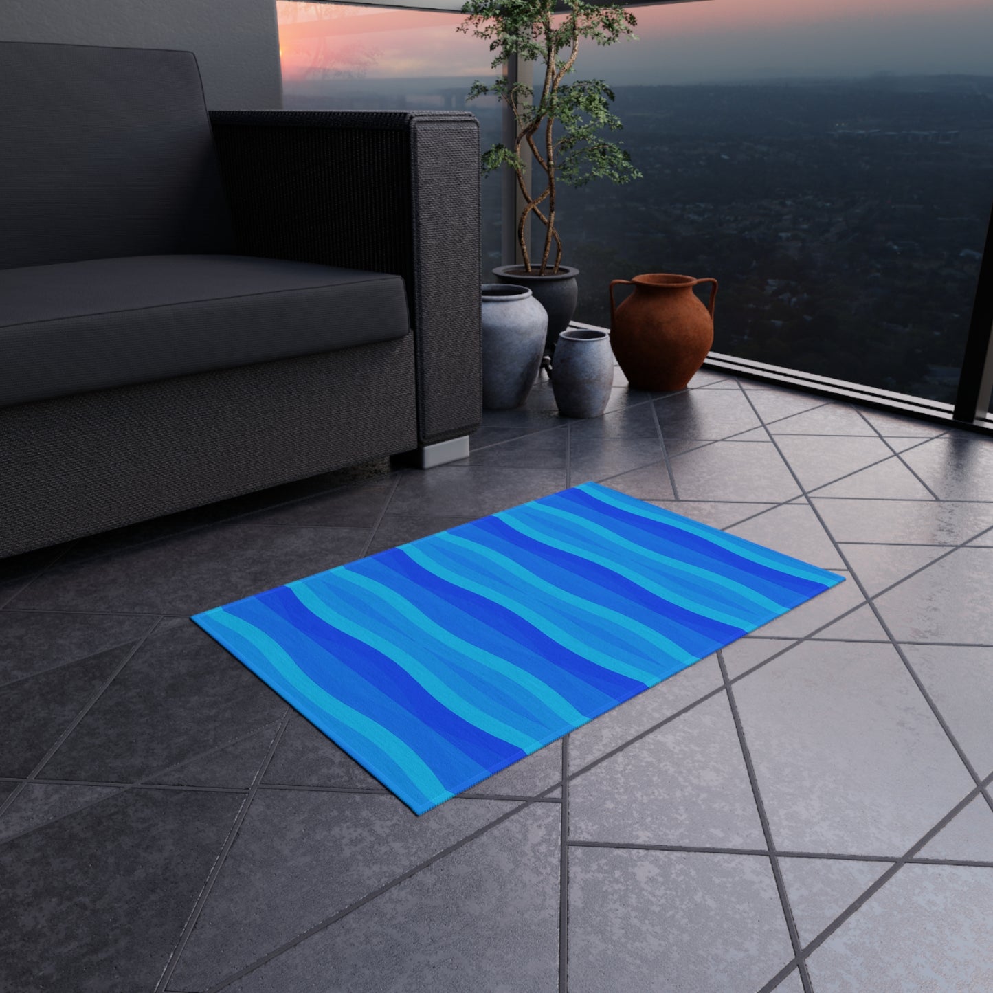 Blue Wave Stripe Outdoor Rug | Coastal Patio Mat