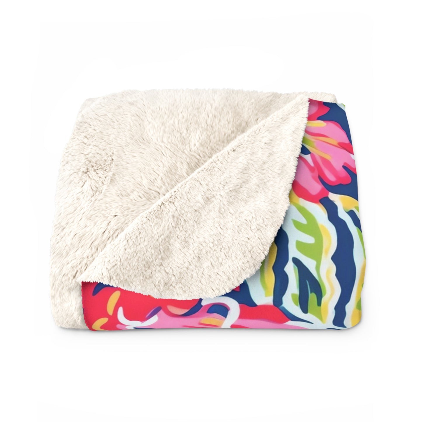 Tropical Floral Pattern Sherpa Fleece Blanket | Red Pink Green Hibiscus Print