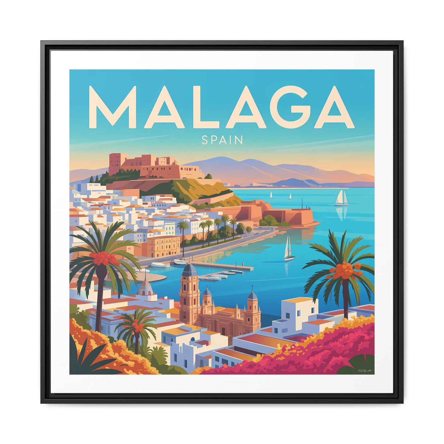 Malaga Spain Coastal  Matte Canvas Framed Wall Art| Vintage Style Travel Art