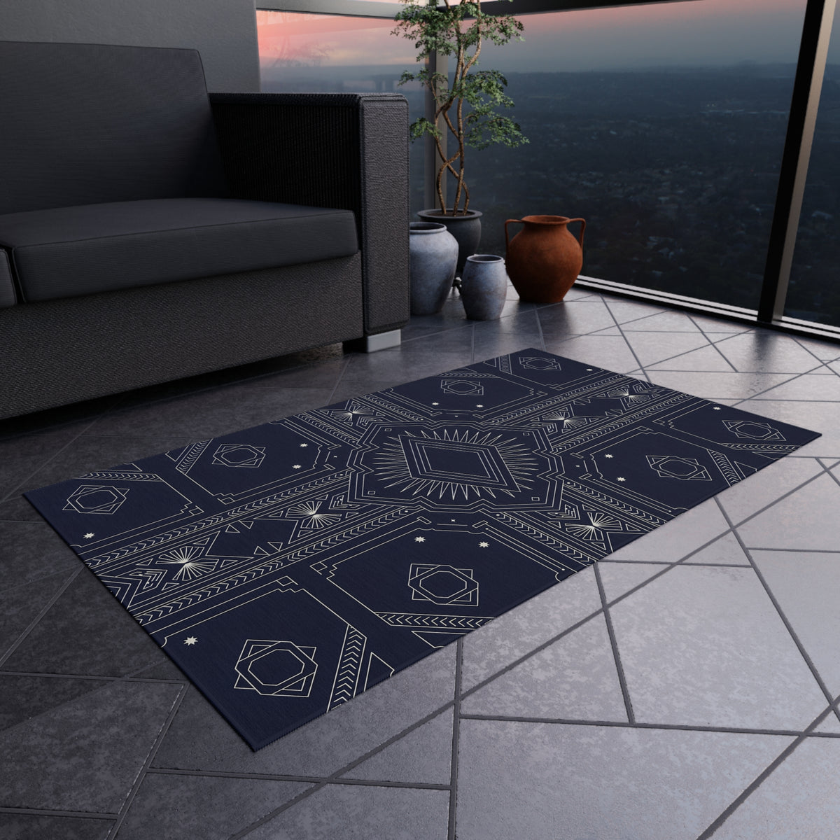 Geometric Aztec Pattern Outdoor Rug | Navy Diamond Porch Mat