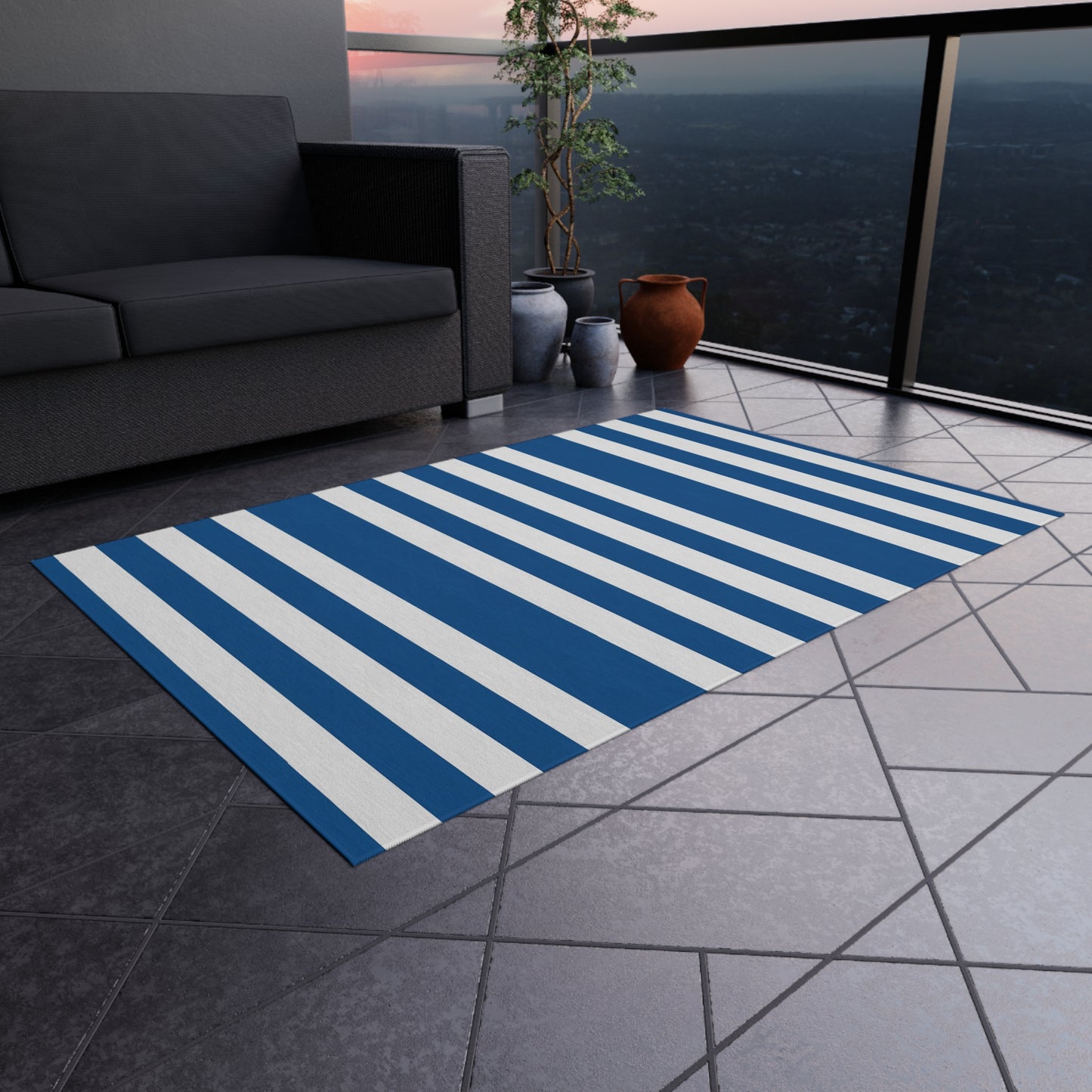 Nautical Blue Stripe Outdoor/Indoor Rug | Reversible Patio Mat