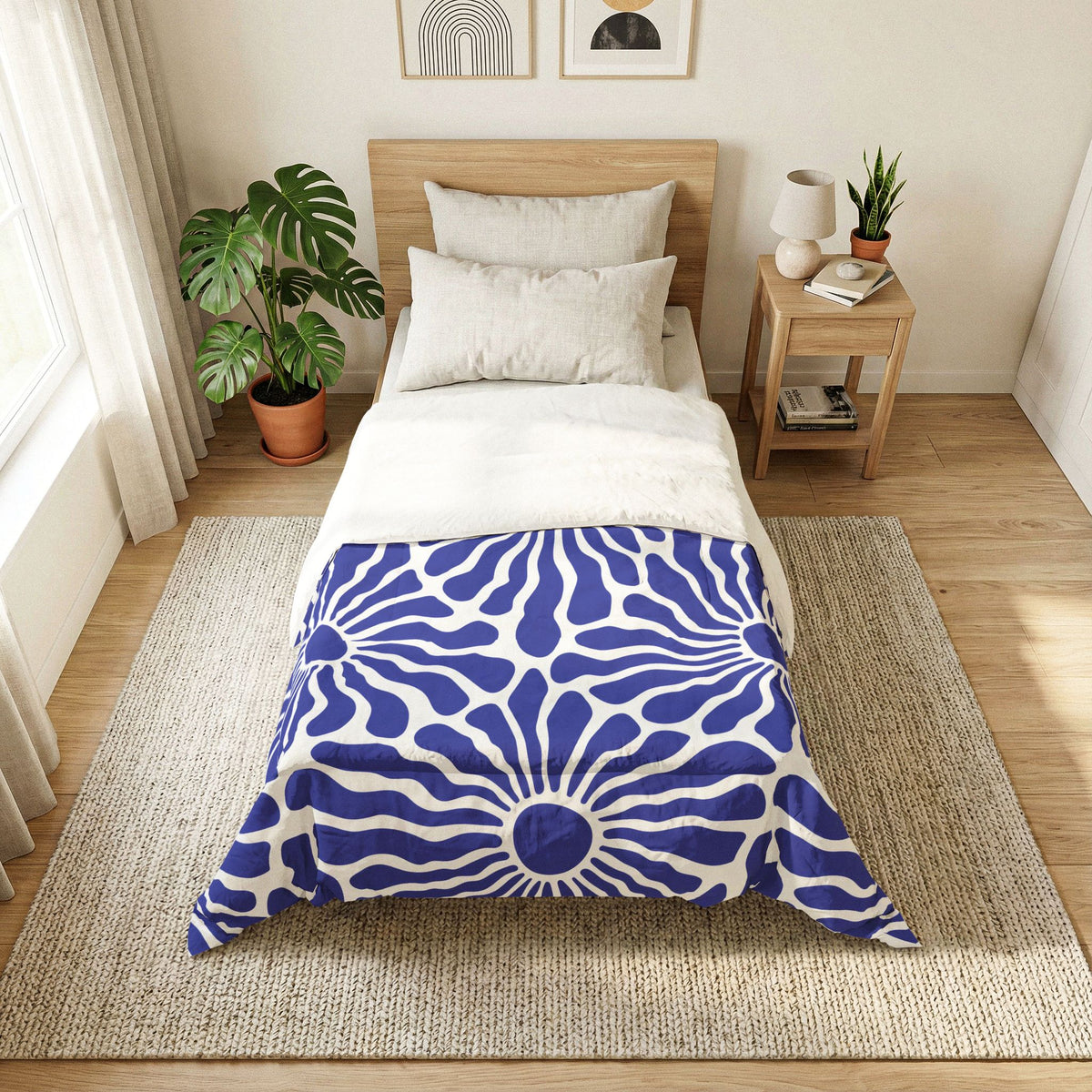 Blue Floral Burst Comforter | Duvet Cover, Navy Sunflower Pattern