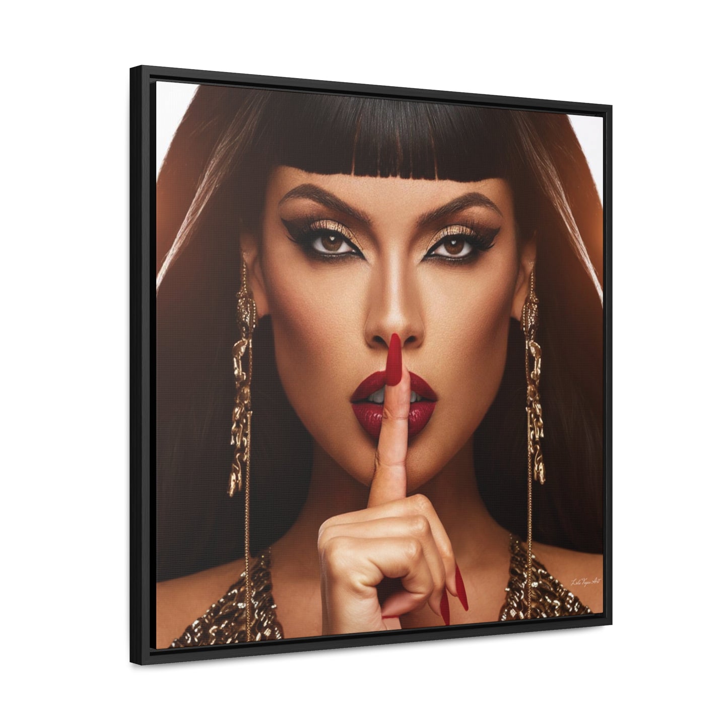 Square Frame Canvas Wall Art - Fine Art Photography of Egyptian Woman, Red Lips, Glamorous Decor, Fashionista, Be Quiet Sign, Gallery Canvas - LOLA VEGAS ART