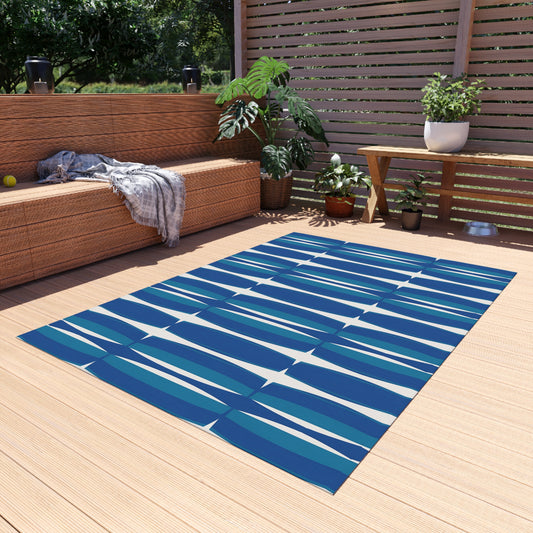Blue White Mid-Century Geometric Outdoor Rug | Retro Teal Navy Pattern