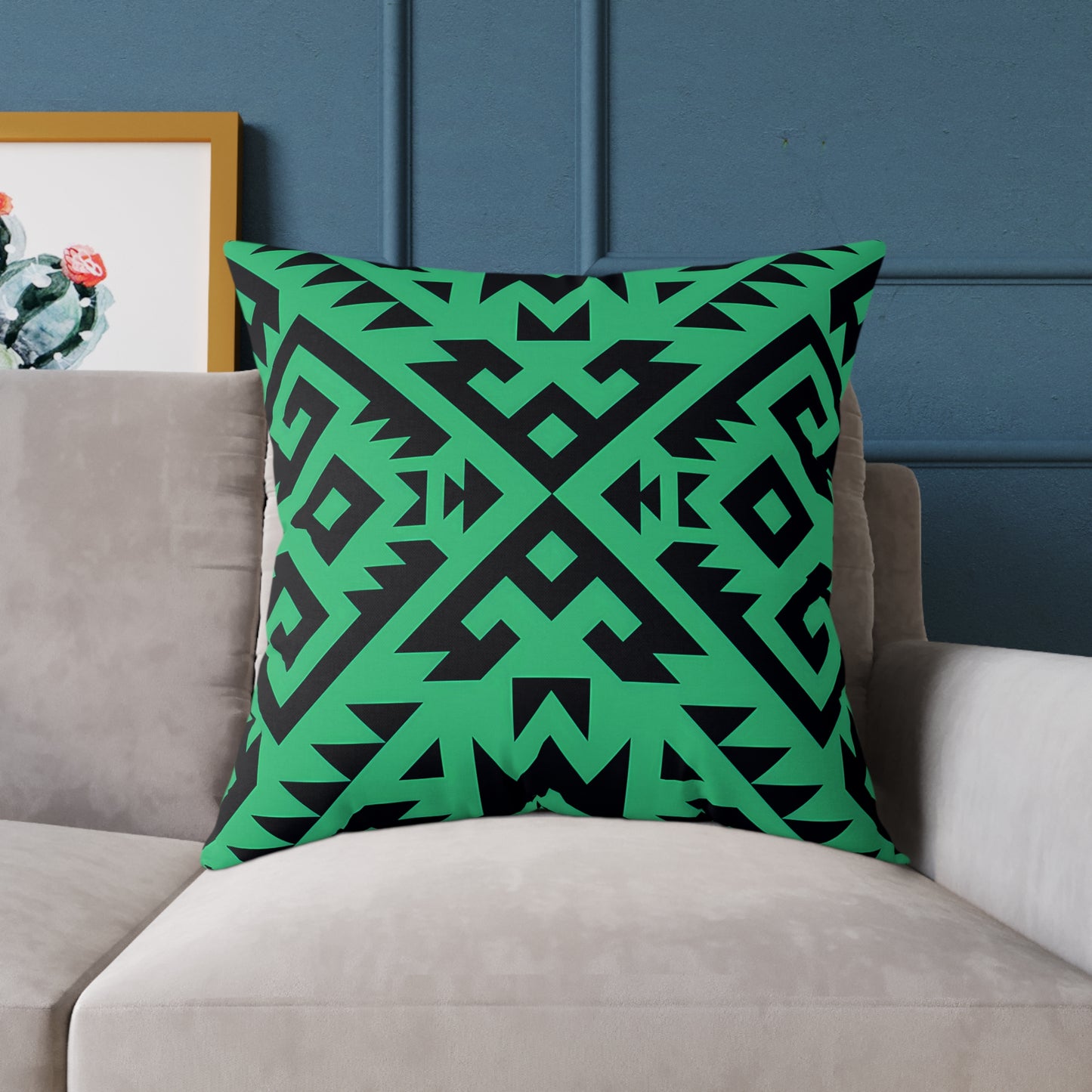 Green Boho Aztec Geometric Pattern Pillow | Square Poly Canvas Pillow