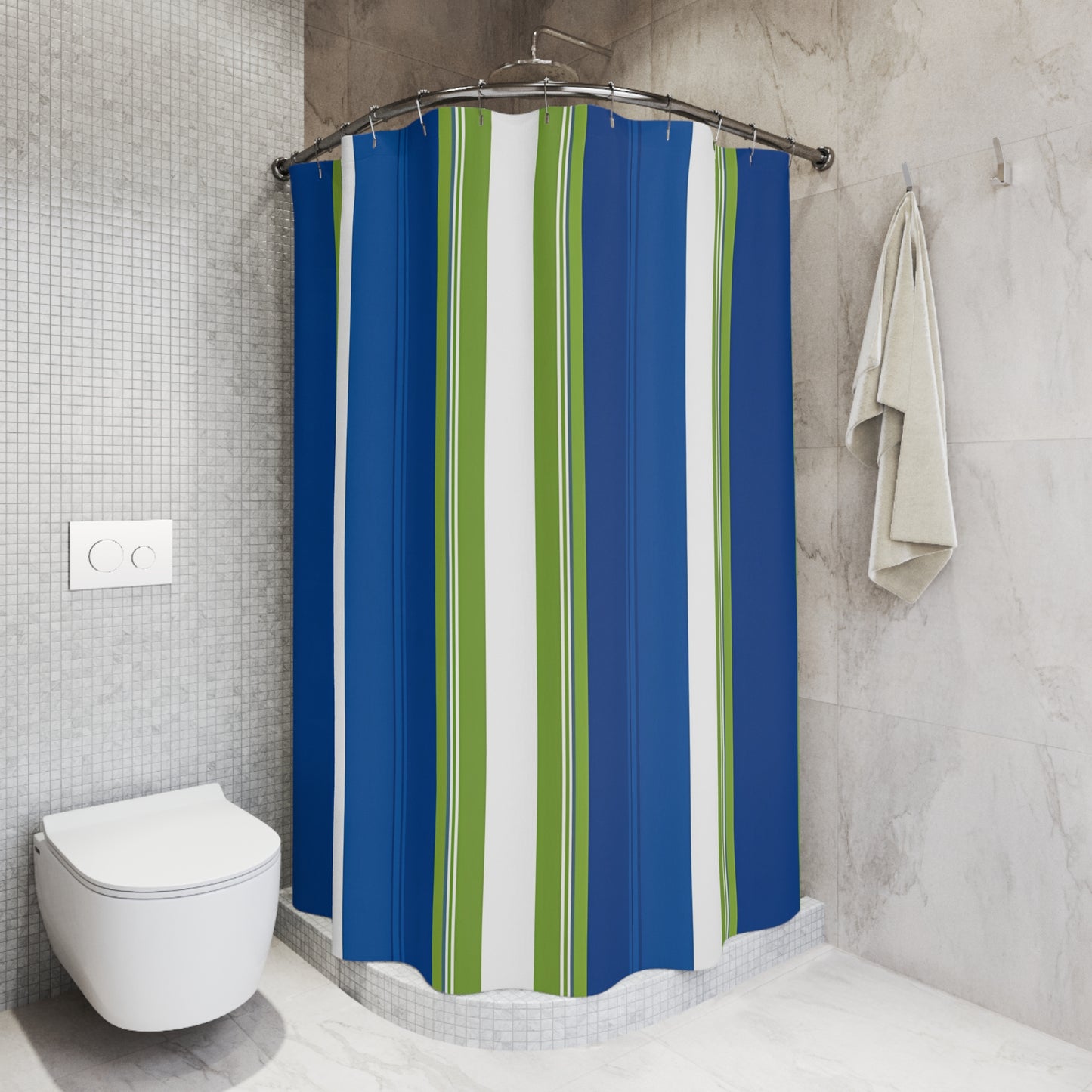 Blue Green Striped Shower Curtain | Nautical Coastal Bathroom