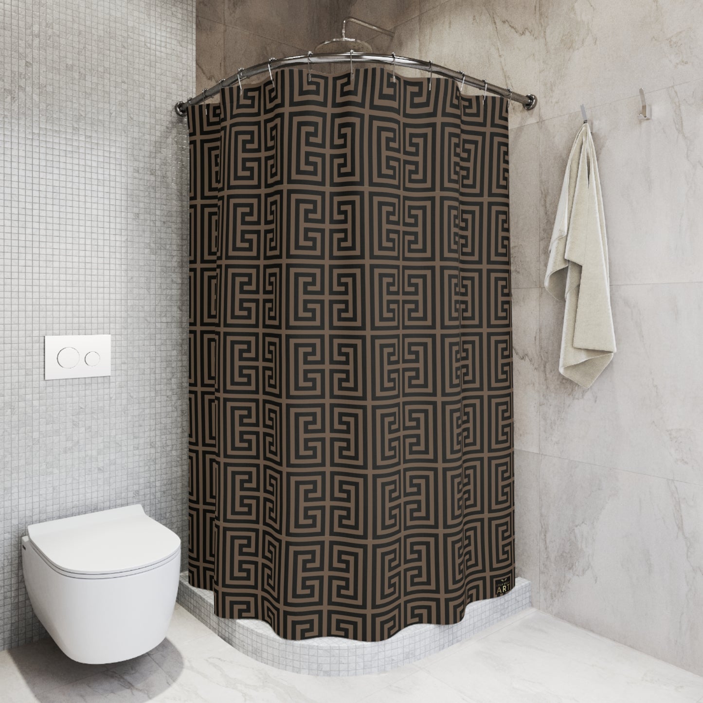 Geometric Greek Key Shower Curtain | Brown Black Maze Pattern, Classy Bathroom Accesory