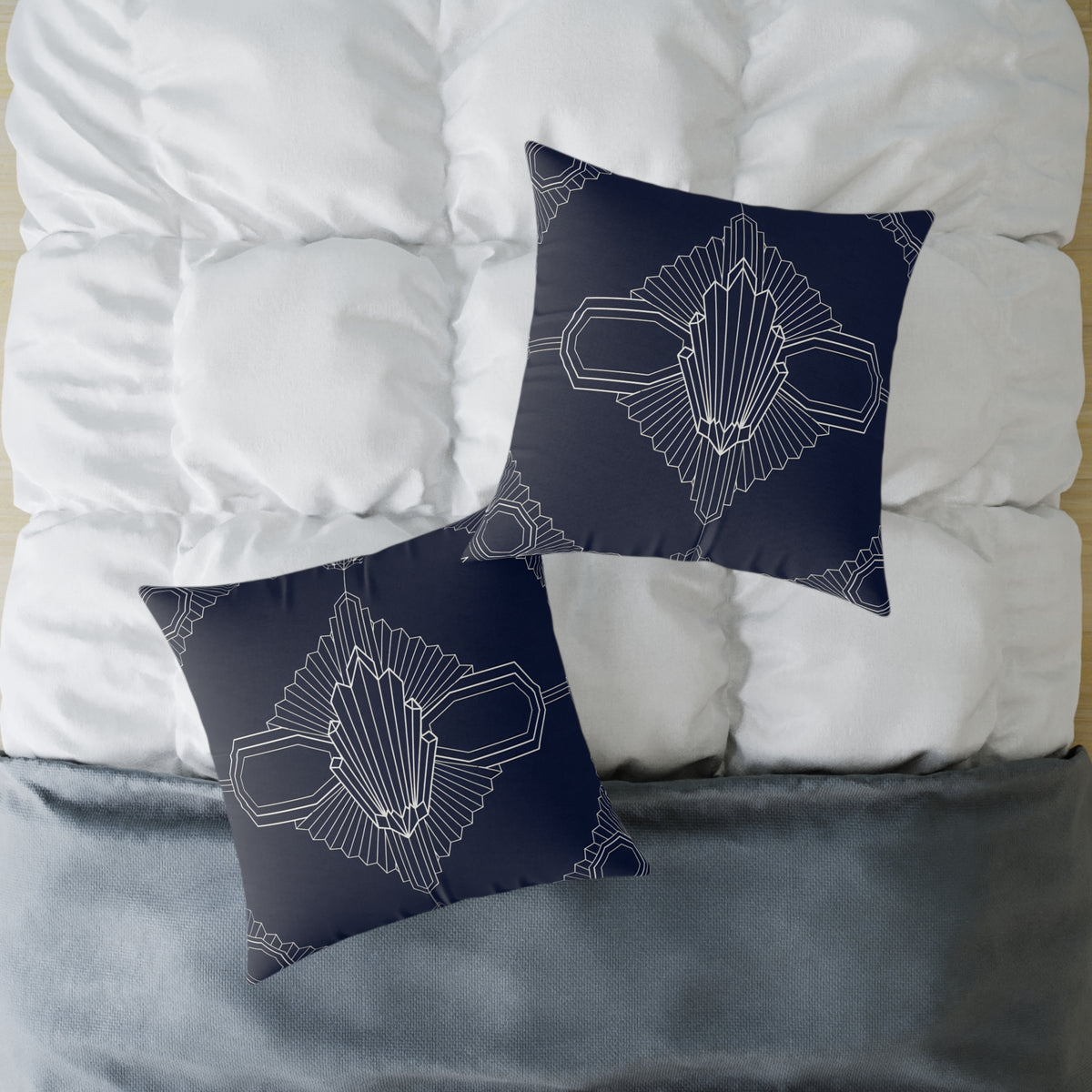 Art Deco Geometric Pattern Square Pillow | Navy White Canvas Throw Pillow