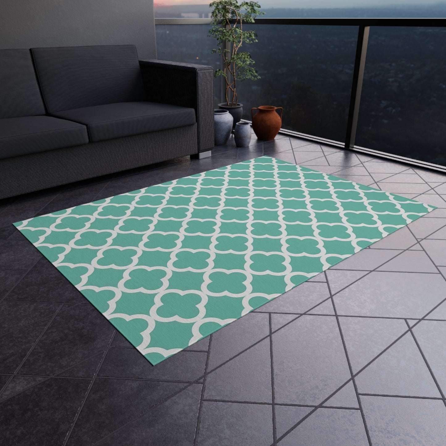 Teal Moroccan Trellis Outdoor/Indoor Rug | Geometric Patio Mat