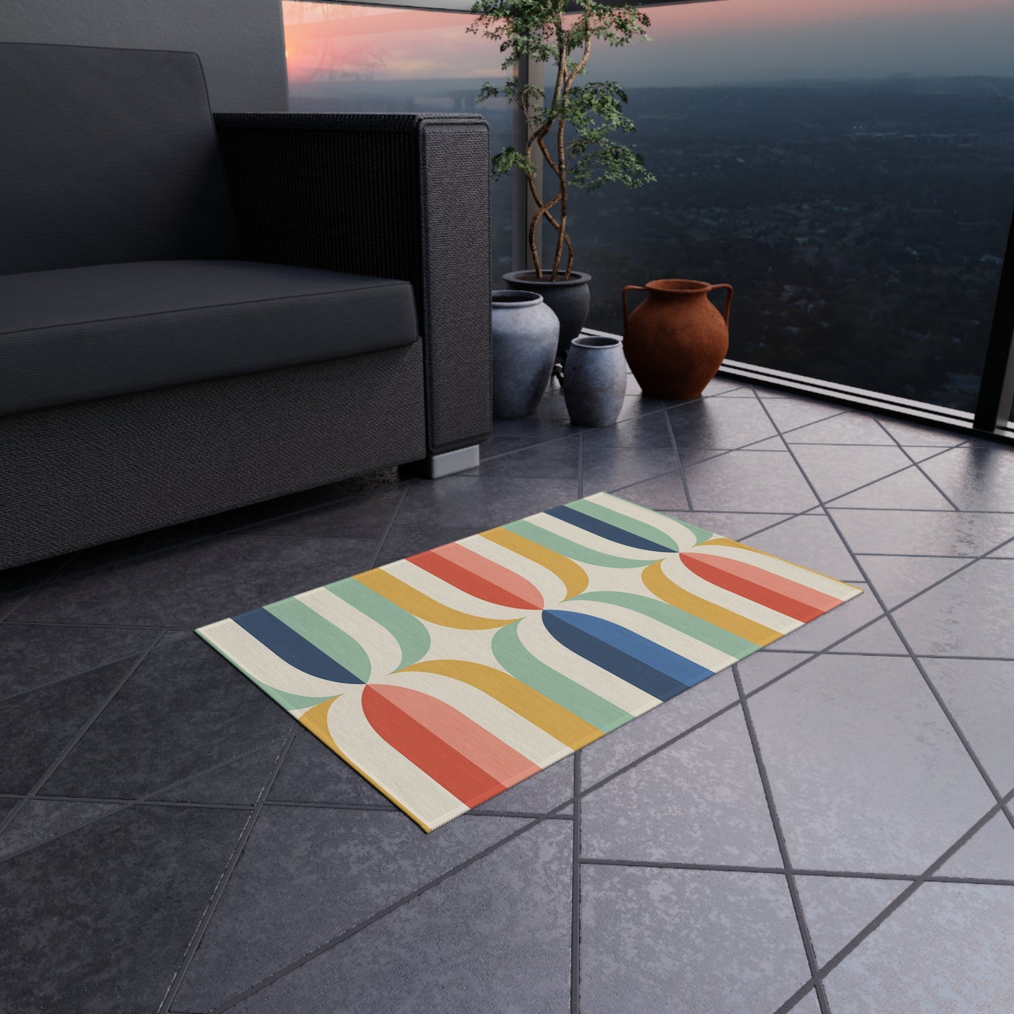 Mid Century Rainbow Arch Outdoor/Indoor Rug | Retro Geometric Patio Mat