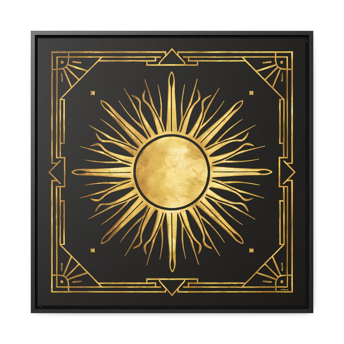 Canvas Wall Art, Black and Distressed Gold Art Deco Sun Square, Framed Decor, Dramatic Retro Style, Home Decoration, Square Frame