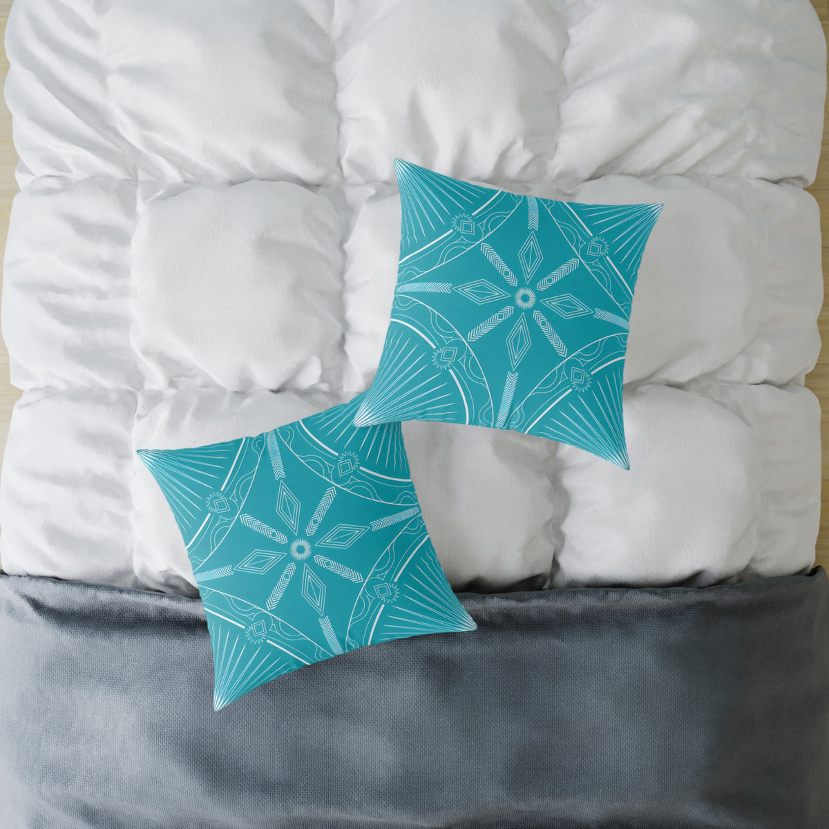 Turquoise White Geometric Mandala Square Pillow | Turquoise Decorative Cushion