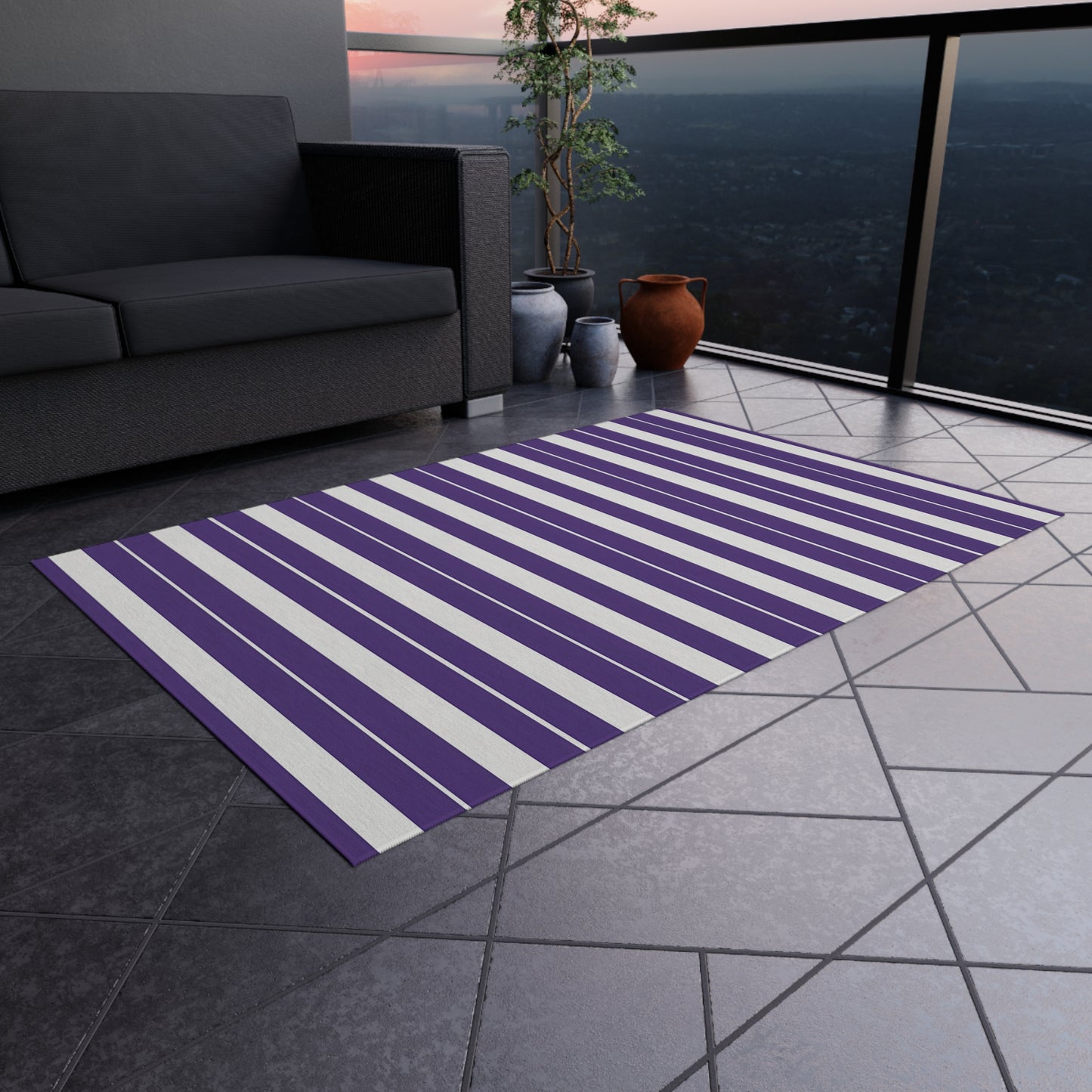 Purple White Stripe Outdoor/Indoor Rug | Patio Mat, Weather-Resistant Striped Doormat
