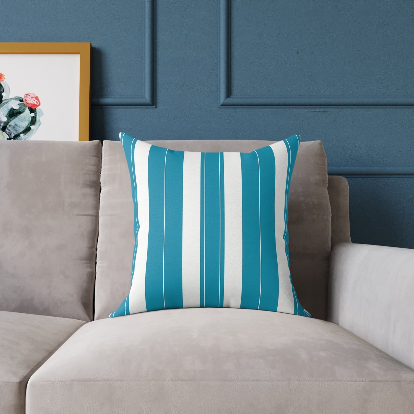 Teal and White Vertical Stripe Square Pillow | Poly Canvas Throw Pillow