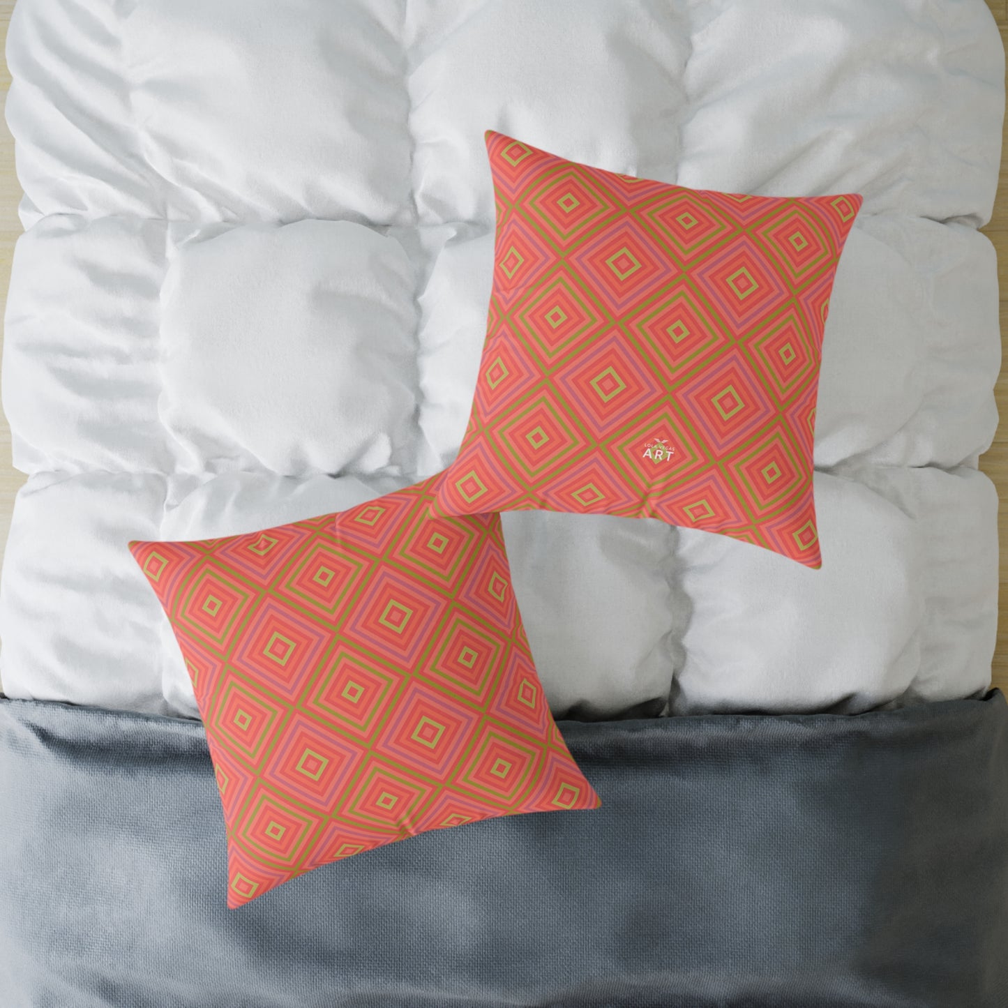 Geometric Diamond Pattern Square Pillow | Coral Orange Pink Accent