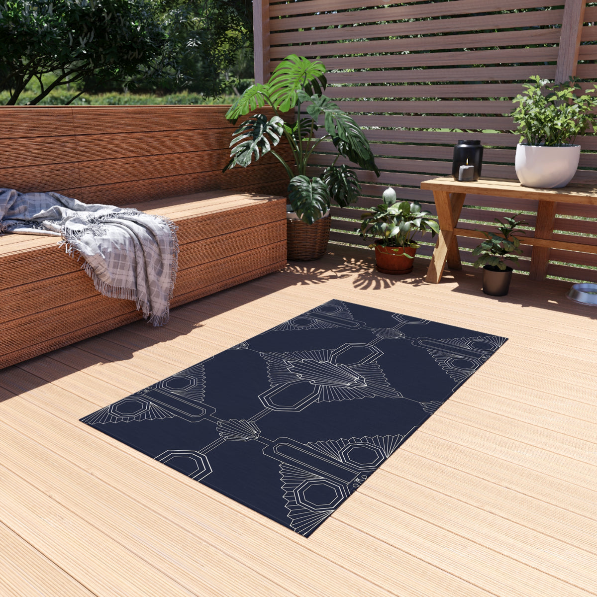 Art Deco Geometric Outdoor Rug | Navy Patterned Patio Mat