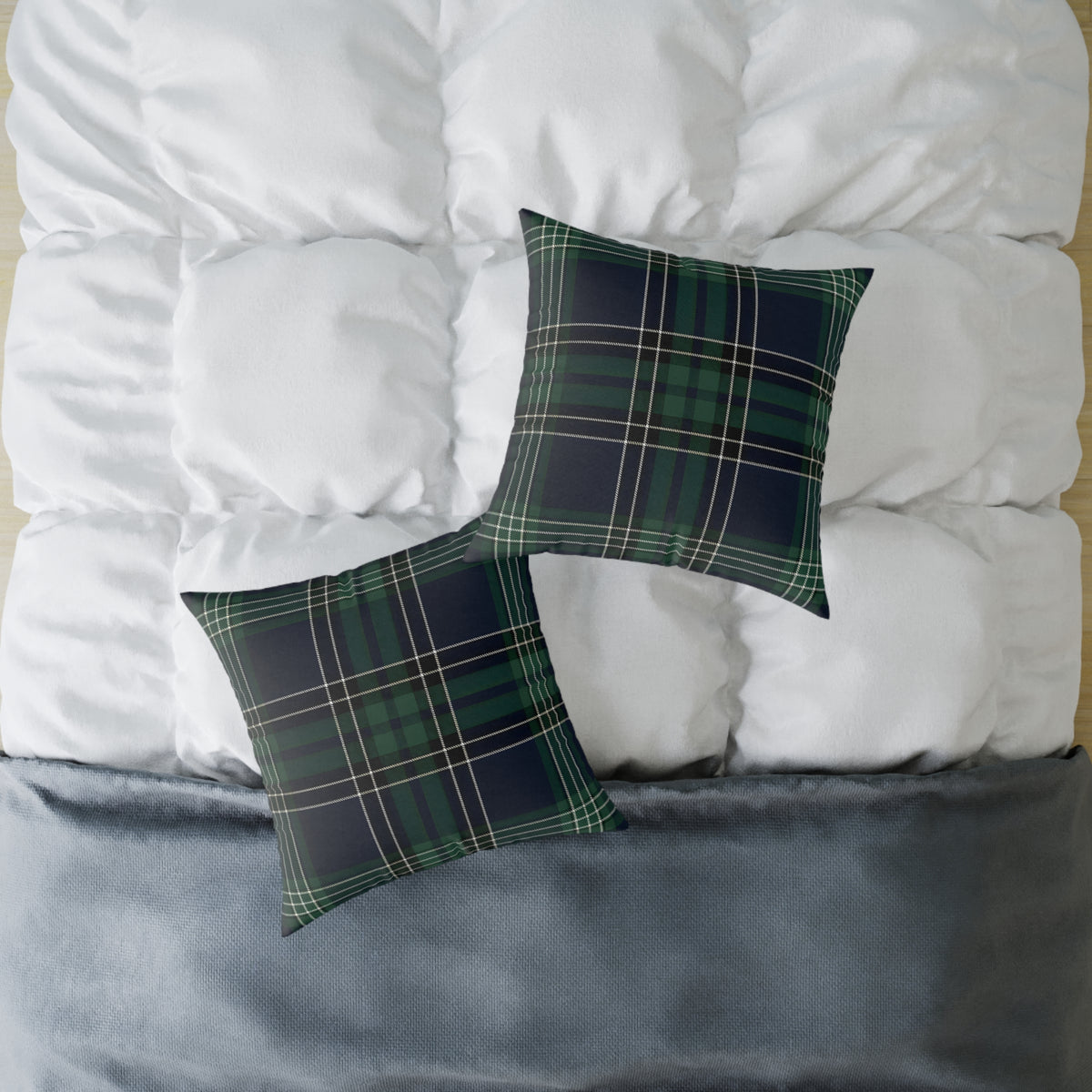 Green Navy White Tartan Plaid Square Poly Canvas Pillow | Woodland Plaid Throw Pillow