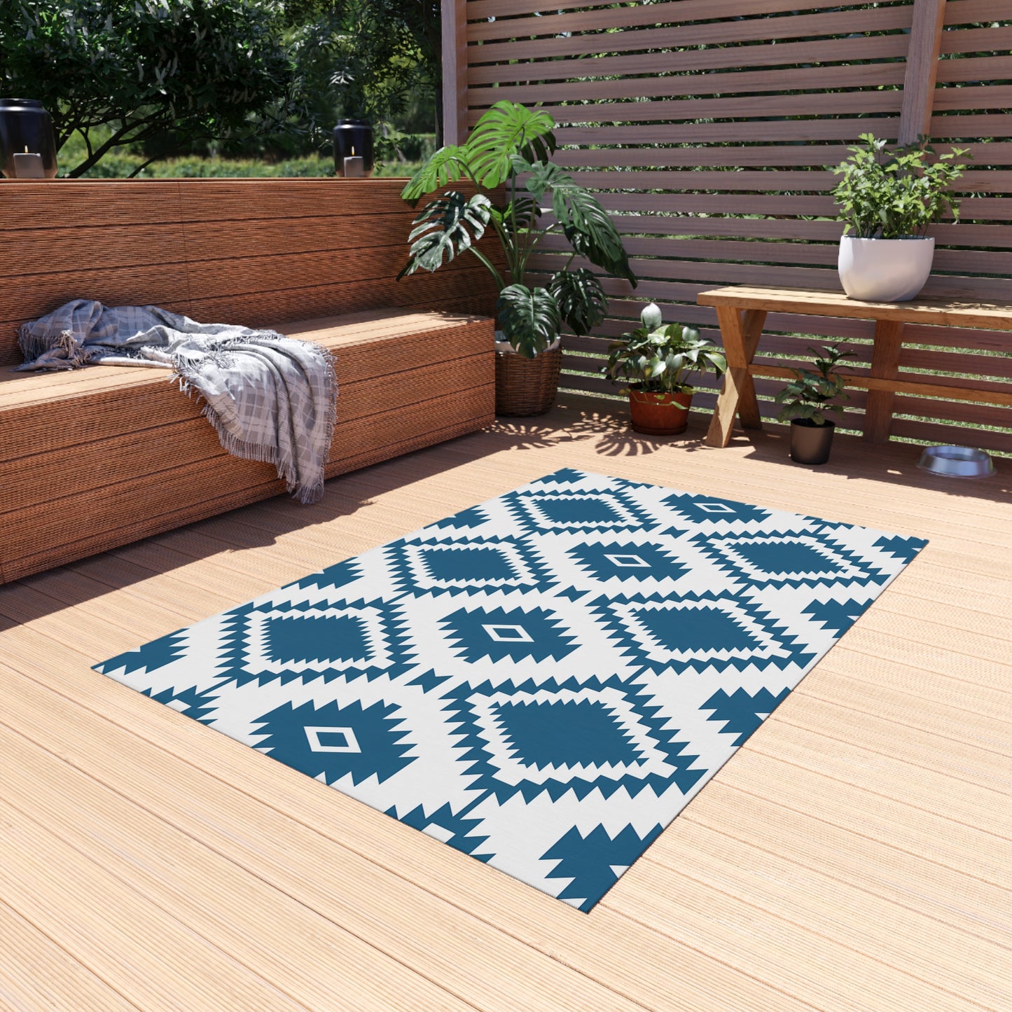 Blue White Aztec Diamond Outdoor/Indoor Rug | Geometric Patio Mat