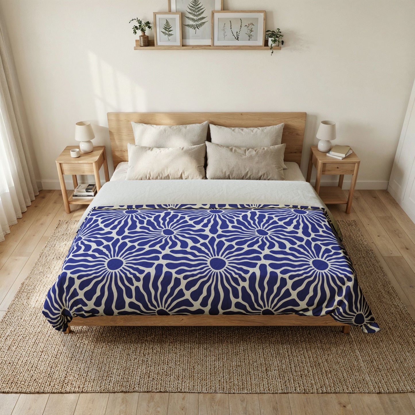 Blue Radiant Floral Cotton Duvet Cover | Geometric Daisy Pattern