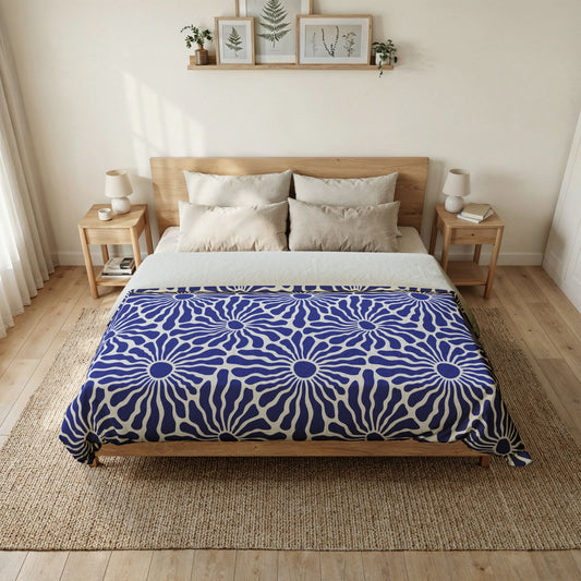 Blue Radiant Floral Cotton Duvet Cover | Geometric Daisy Pattern