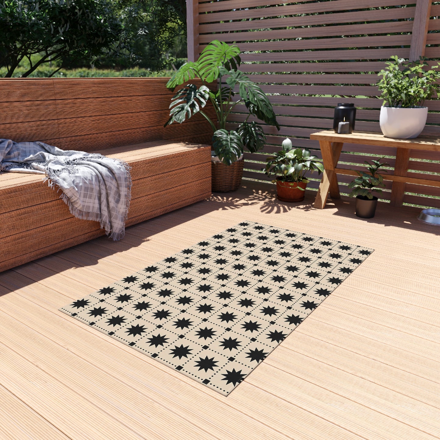 Black Star Tile Outdoor/Indoor Rug | Geometric Patio Mat, Weatherproof Accent Rug