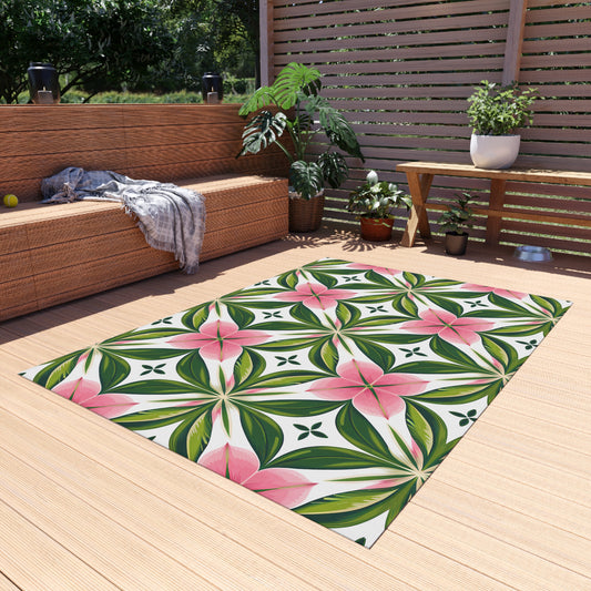 Pink and Green Tropical Outdoor Floral Rug for Patios | Decorative Rug for Garden, Porch, Entryway, Summer Decor, Housewarming Gift - LOLA VEGAS ART