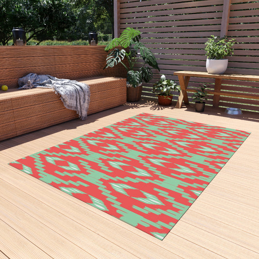Coral Green l Ikat Pattern Outdoor/Indoor Rug | Geometric Patio Mat