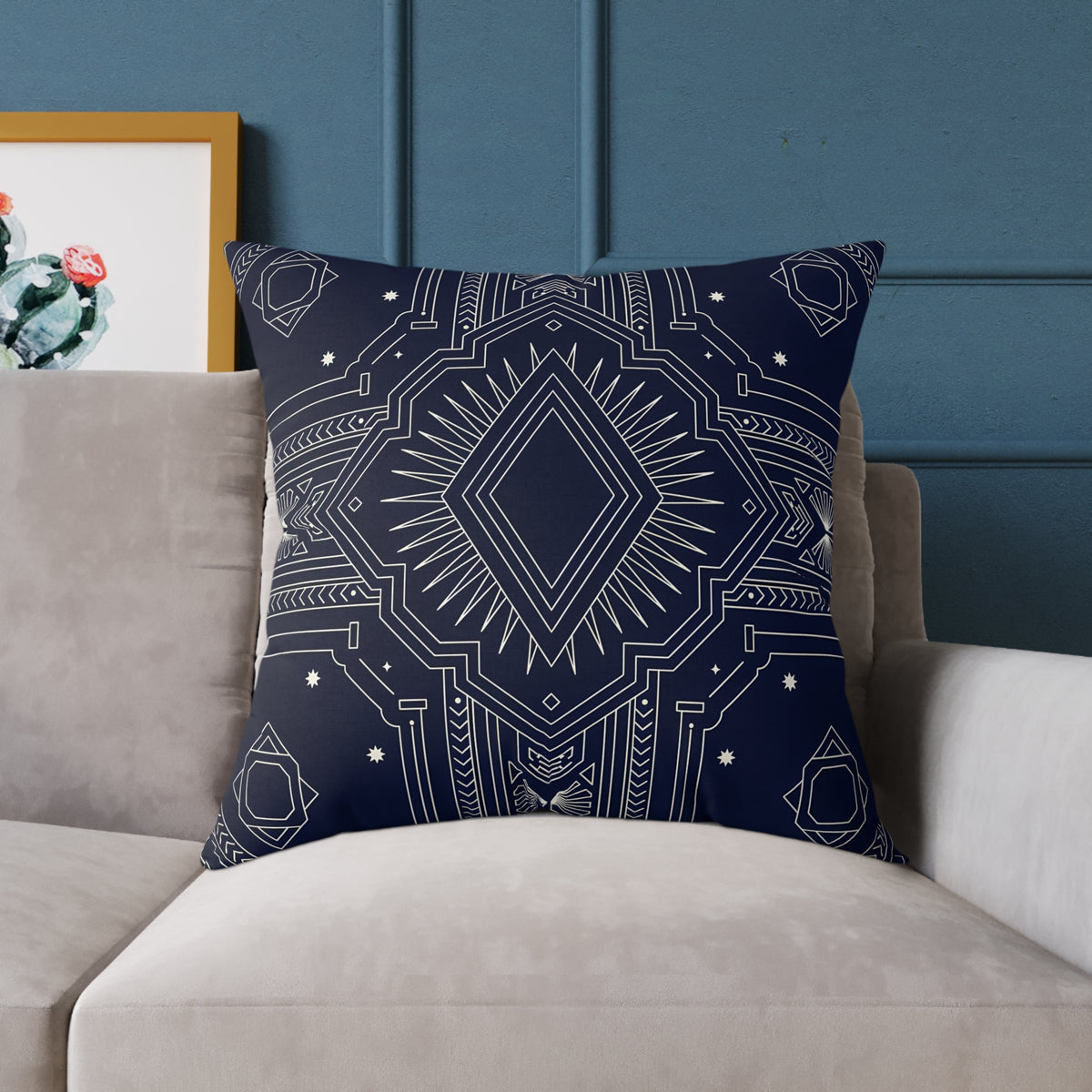 Navy Geometric Art Deco Mandala Square Pillow | Boho Decorative Throw Cushion