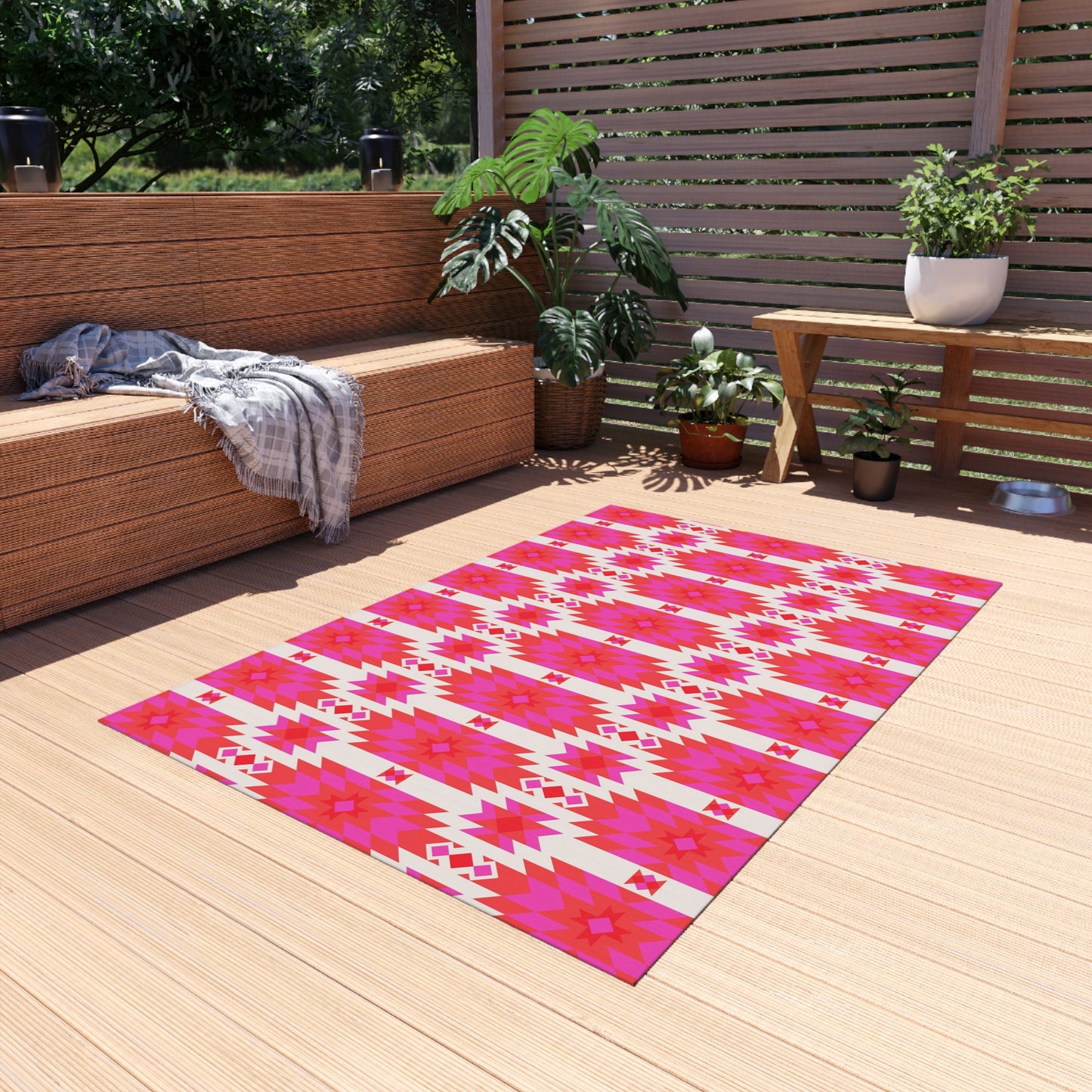 Pink Orange Aztec Geometric Pattern Outdoor/Indoor Rug | Southwestern Boho Patio Mat