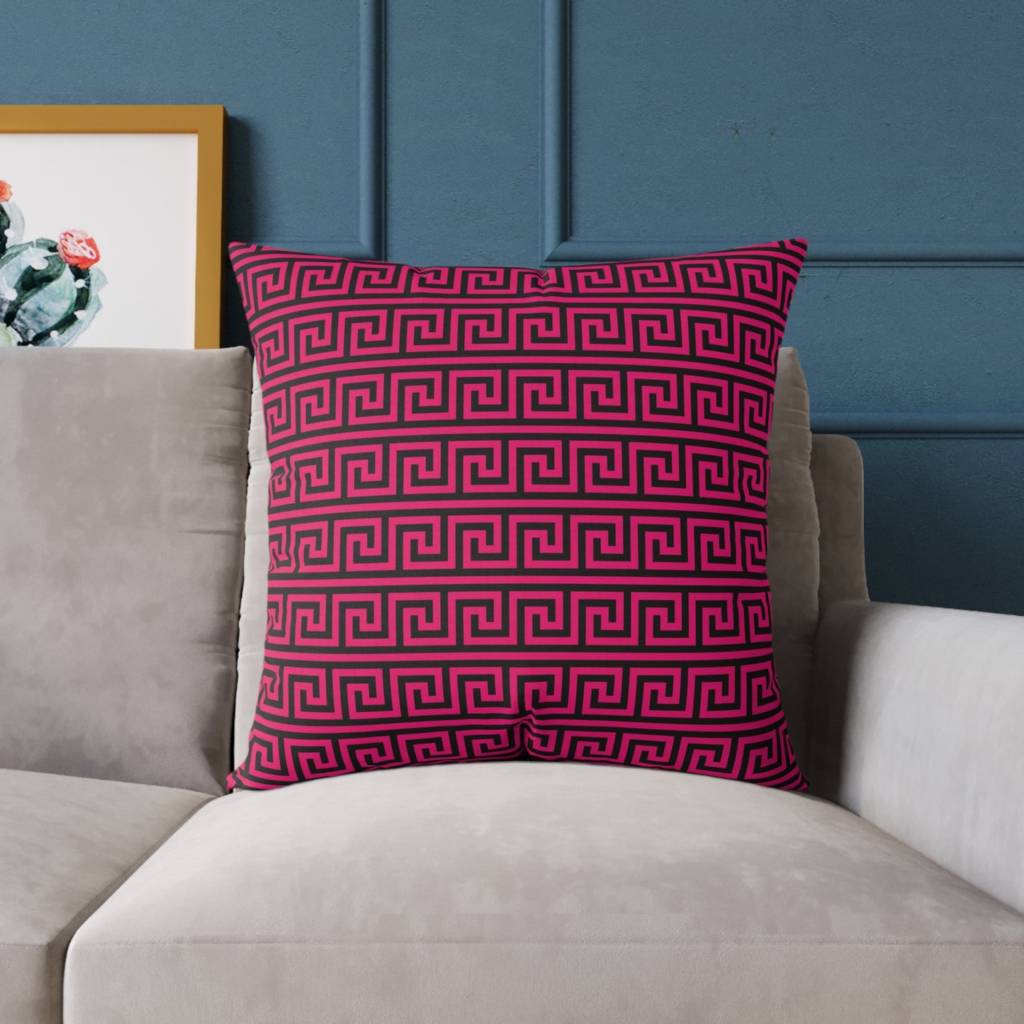 Greek Key Pattern Square Poly Canvas Pillow | Pink and Black Geometric Throw Pillow