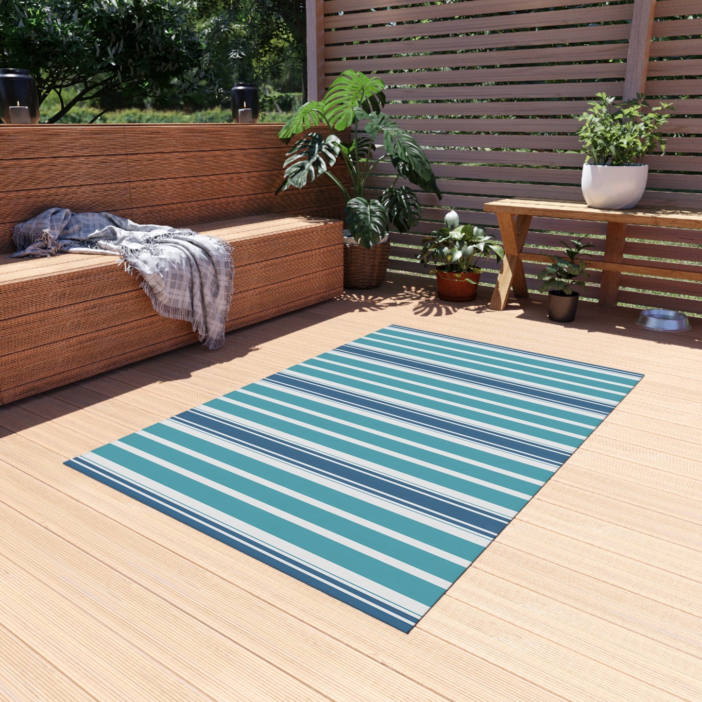 Blue Teal White Stripe Outdoor/Indoor Rug | Patio Deck Mat