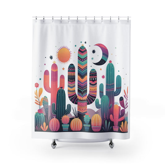 Bohemian Cactus Shower Curtain, Vibrant Bathroom Decor, Colorful Cactus Design, Nature-Inspired, Gift for Plant Lovers - LOLA VEGAS ART