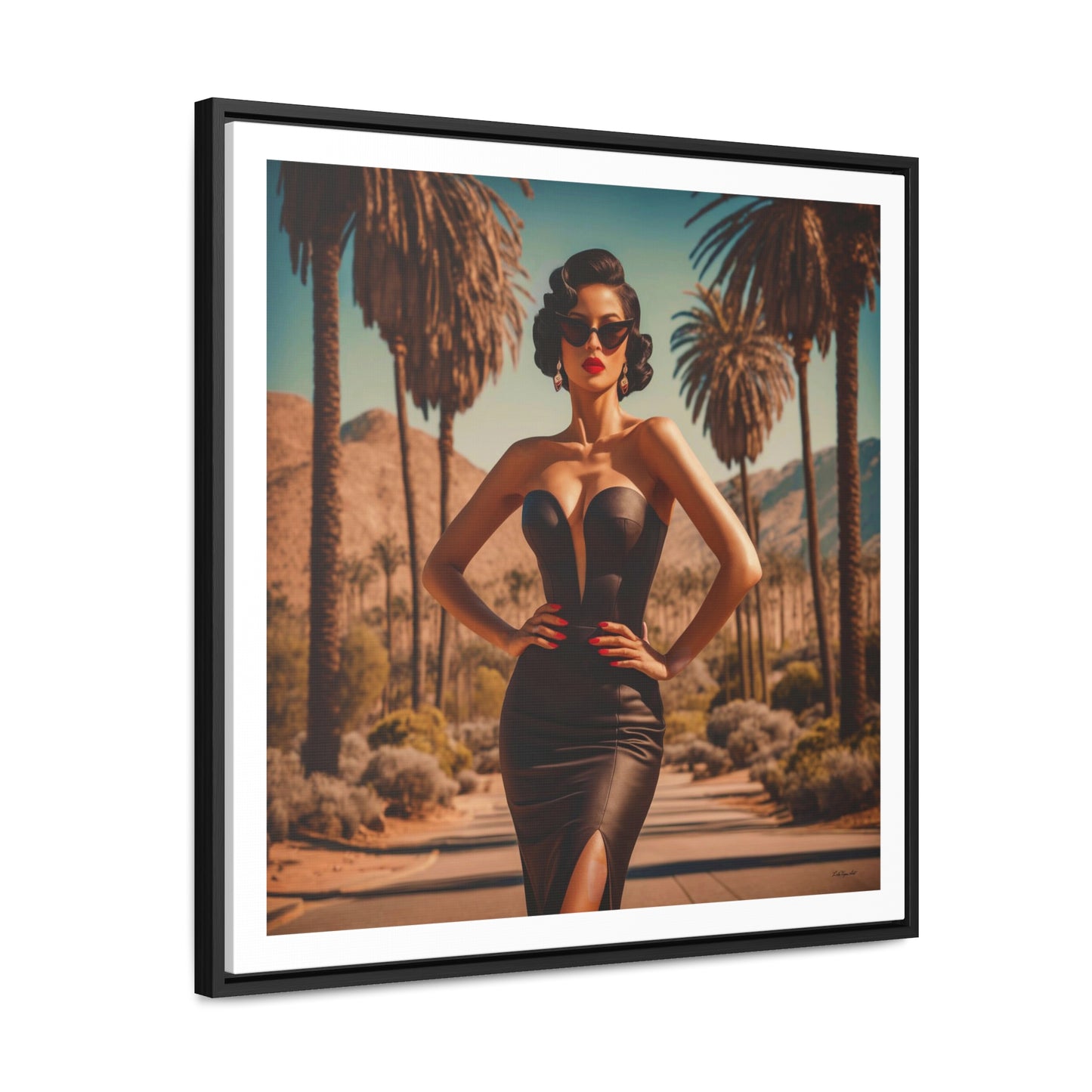 Canvas Wall Art, Glamorous Retro Woman in Palm Springs Square Frame, Fashion Glam Home Decor, Wall Hanging, Gift for Her, Home Office Decor,