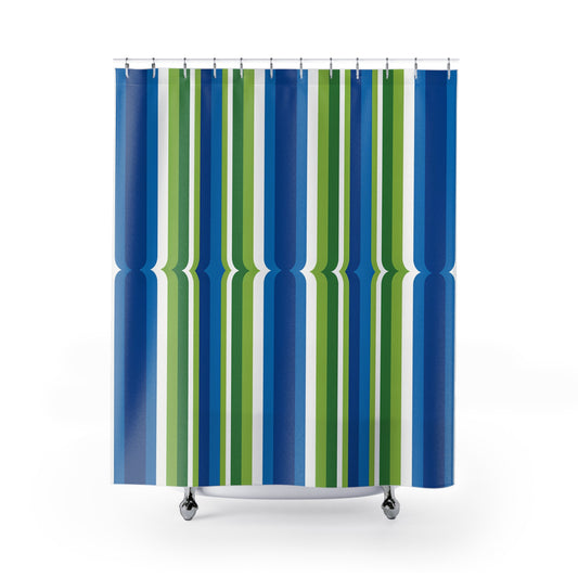 Blue Green Vertical Stripes Shower Curtain | Modern Coastal Bathroom