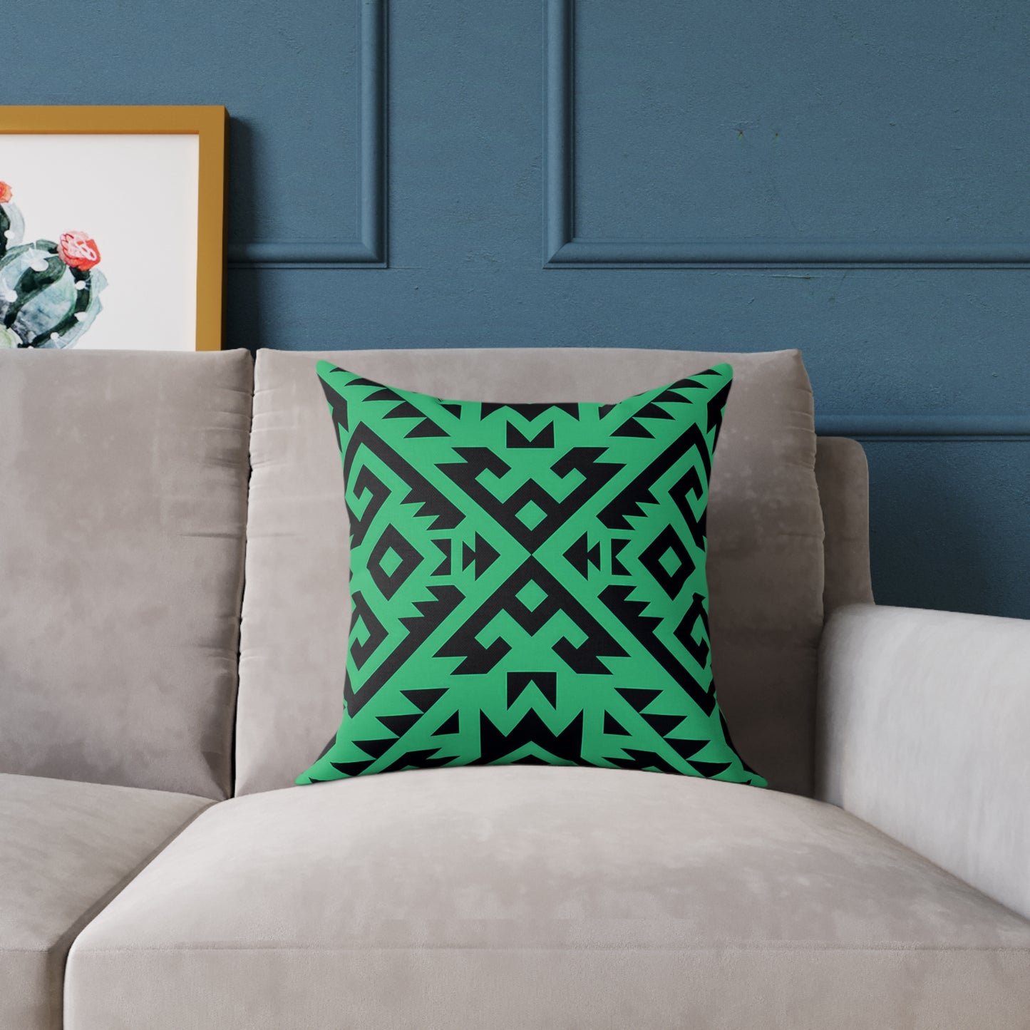 Green Boho Aztec Geometric Pattern Pillow | Square Poly Canvas Pillow