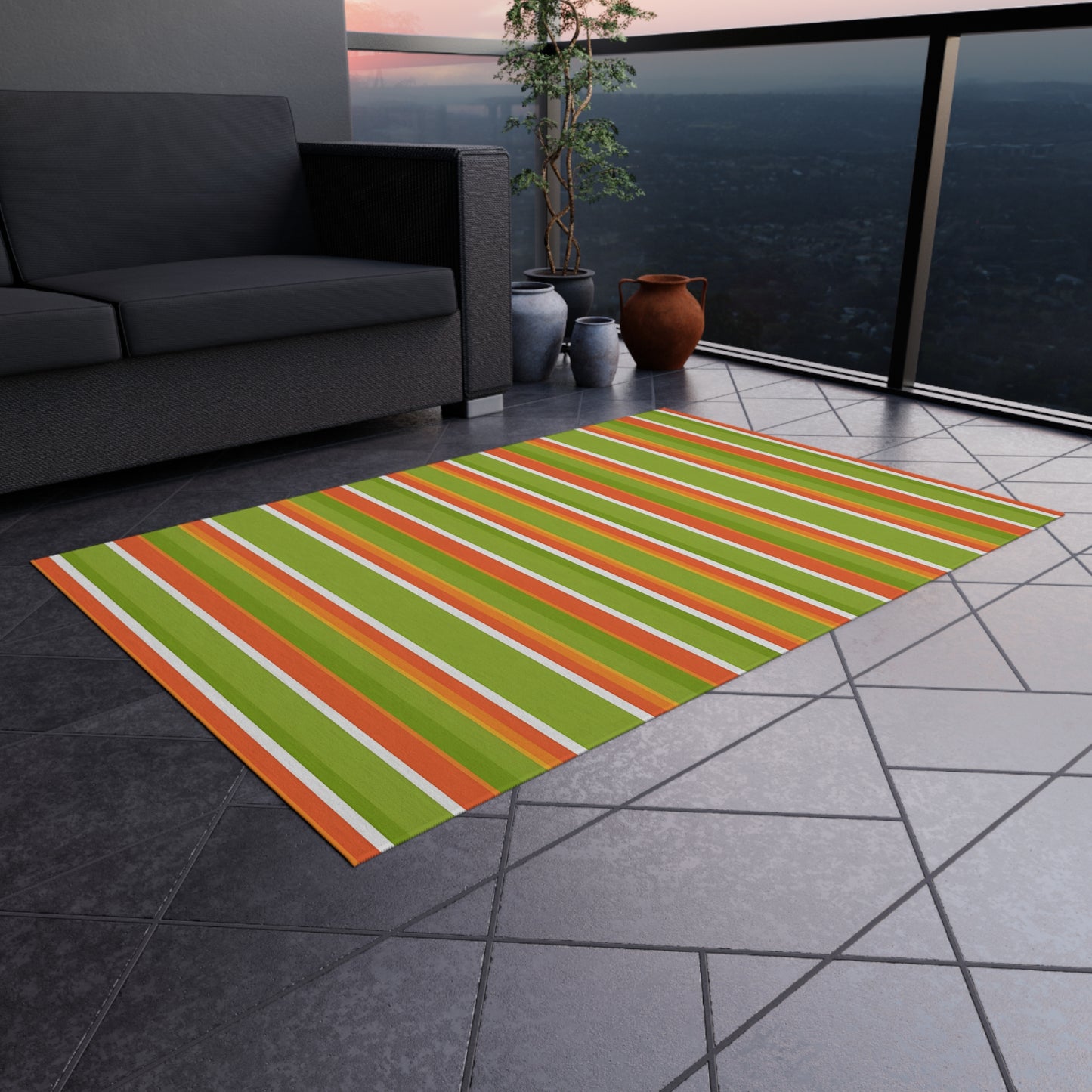 Bright Orange Green Striped Outdoor/Indoor Rug