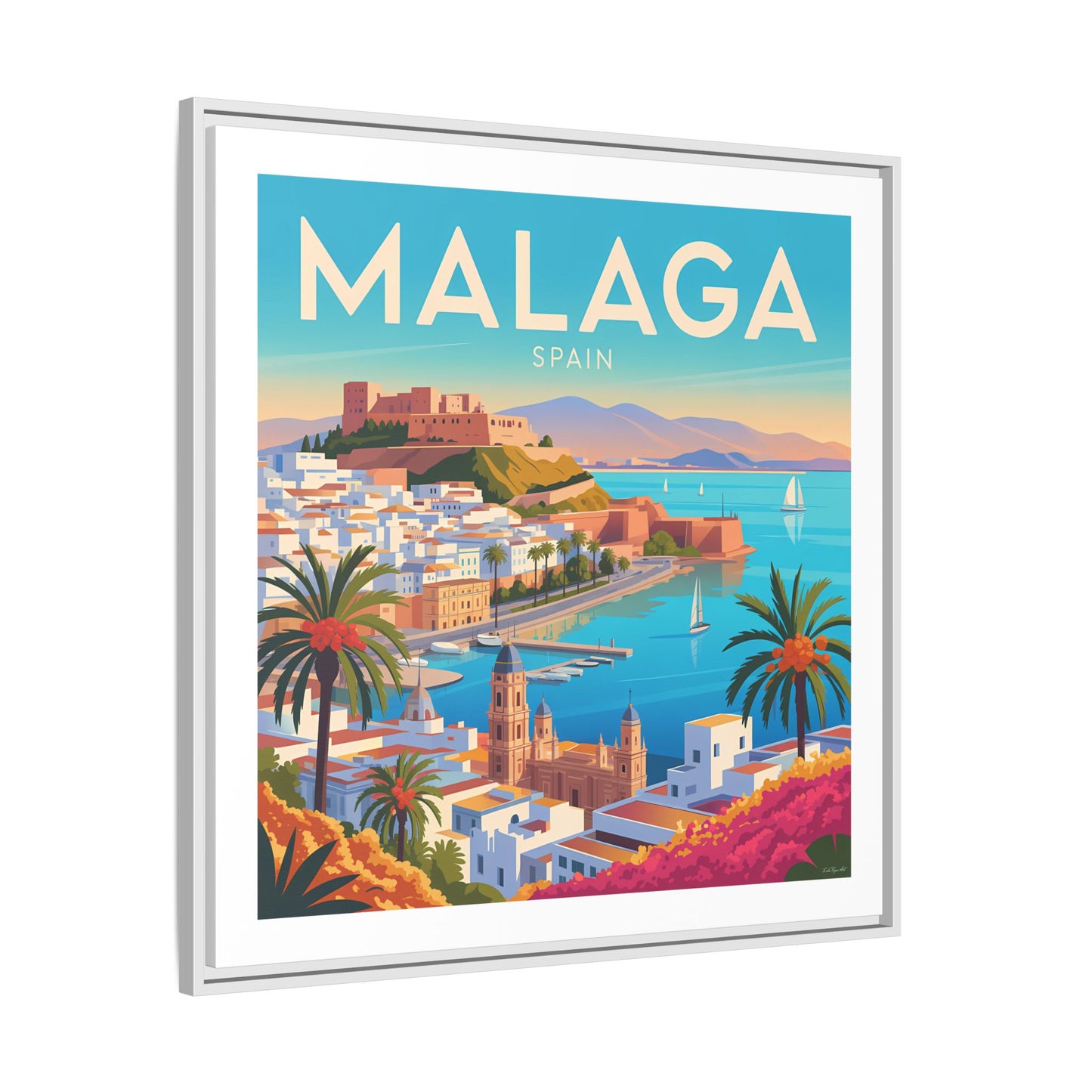 Malaga Spain Coastal  Matte Canvas Framed Wall Art| Vintage Style Travel Art