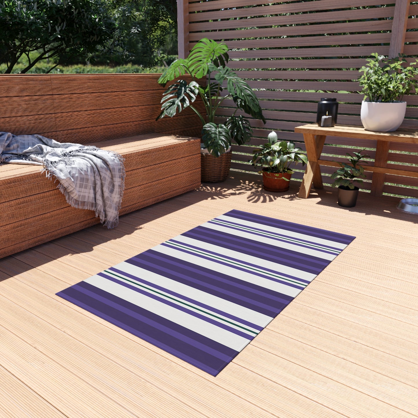 Purple White Stripe Pattern Outdoor/Indoor Rug | Coastal Patio Mat
