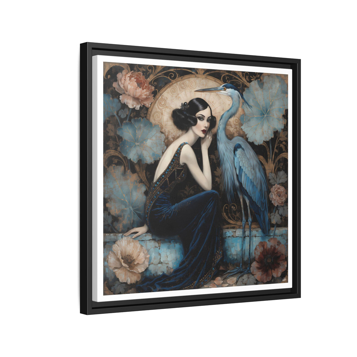Art Deco Lady with Blue Heron Framed Canvas Wall Art