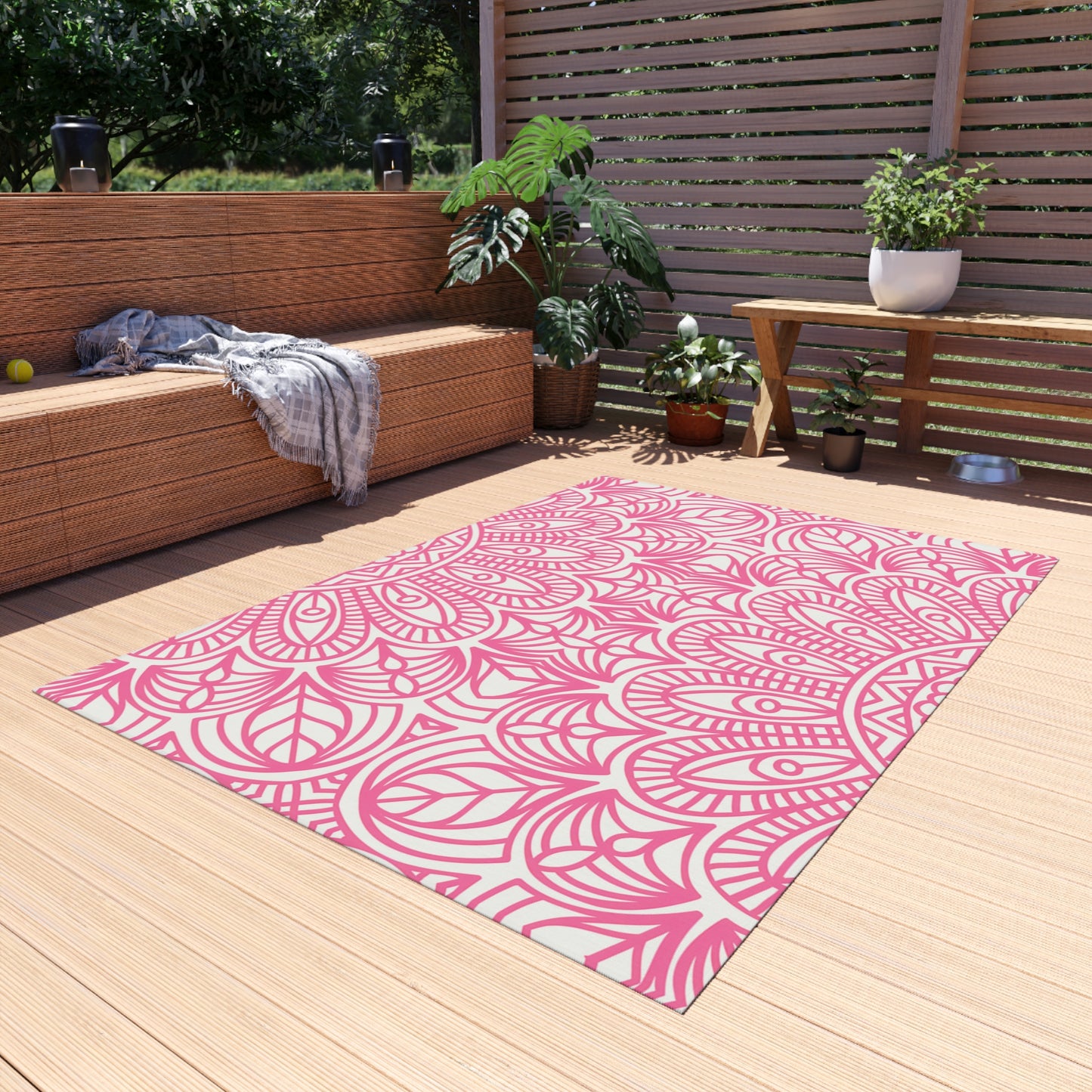 Pink Mandala Pattern Outdoor/Indoor Rug | Floral Patio Mat