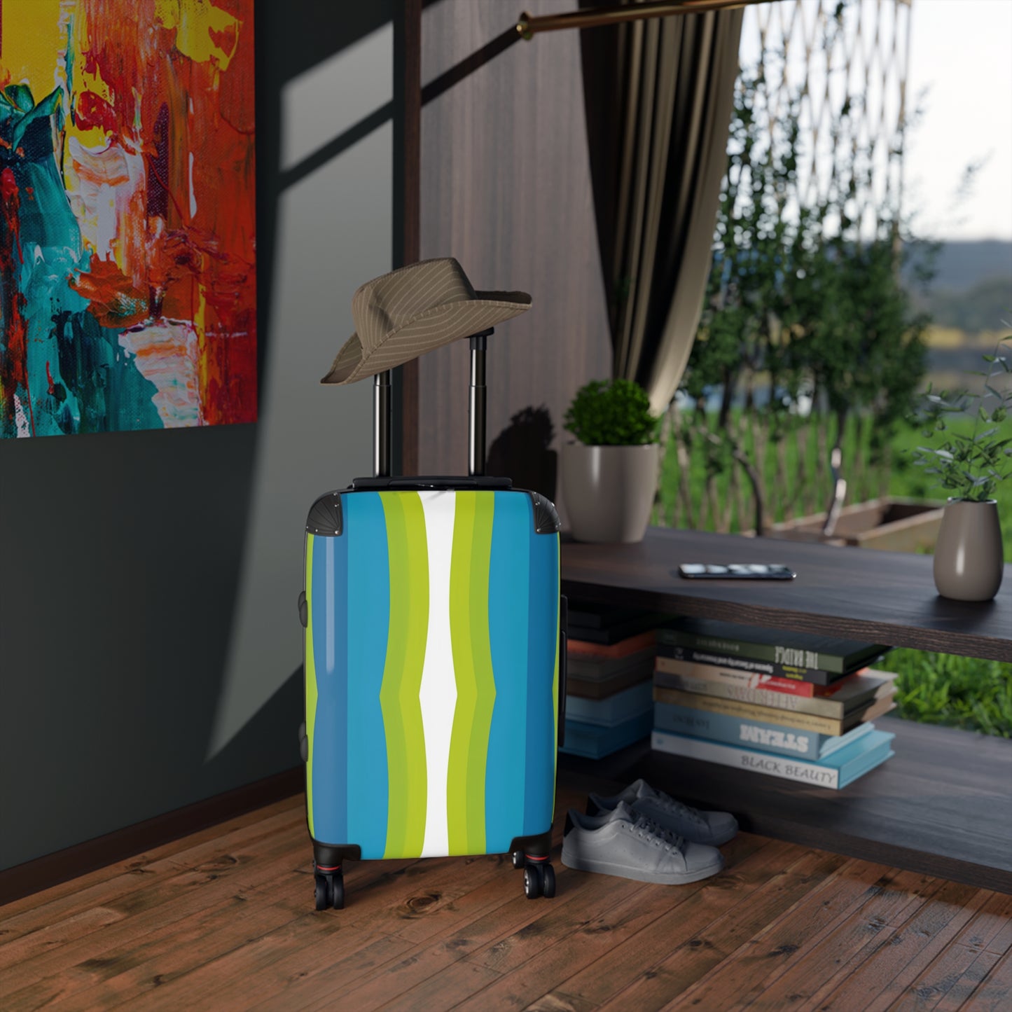 Blue Green Wave Stripe Suitcase | Travel Luggage